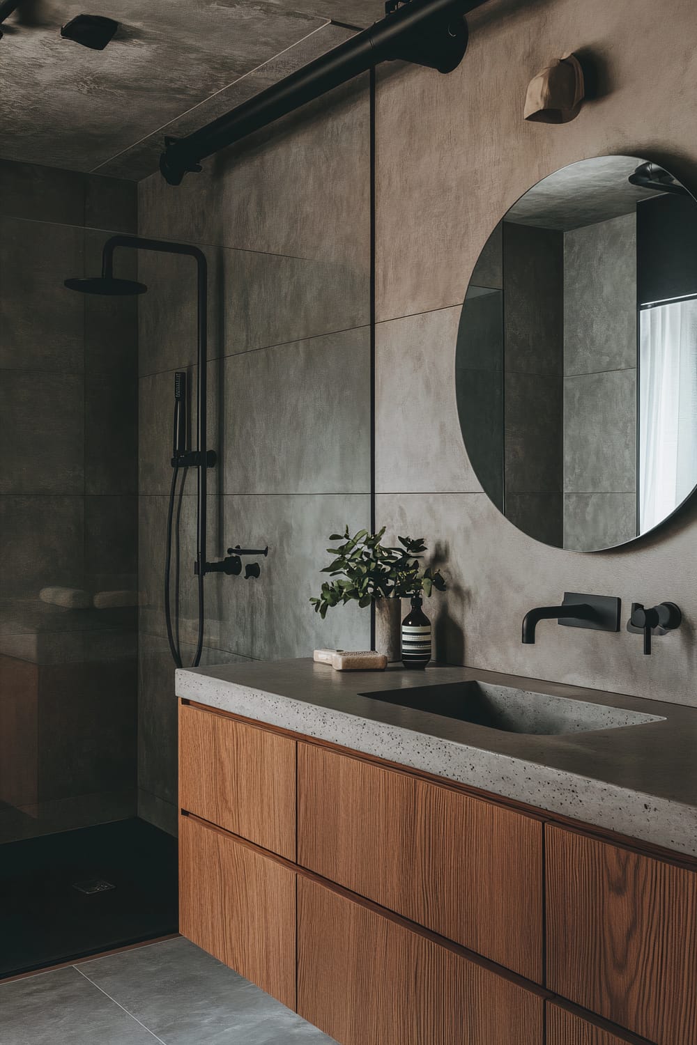 A modern bathroom with a minimalistic design. The space features a gray stone countertop with a rectangular sink and black wall-mounted faucet. The vanity has vertical wooden panel drawers, adding warmth to the otherwise industrial aesthetic. Above the sink is a round mirror. The walls and floor are covered with large matte gray tiles. In the background, there is a black showerhead and faucet, along with a shower area enclosed in glass. On the countertop, there are two small potted plants and a soap dish.