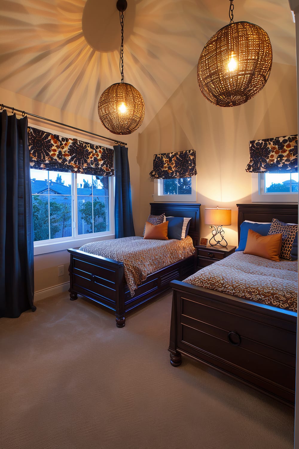 This image showcases a bedroom with twin beds and a captivating design. The walls are painted in a soft neutral color and the floor is carpeted in a matching shade. The beds have dark wooden frames and are adorned with patterned bedspreads in warm tones. Matching cushions in orange and dark blue add a pop of color to the beds. A nightstand with an elegant table lamp is placed between the beds. The windows are dressed with dark curtains and Roman shades in a vibrant floral pattern. Two spherical pendant lights made from woven material hang from the ceiling, casting intricate shadows on the walls.