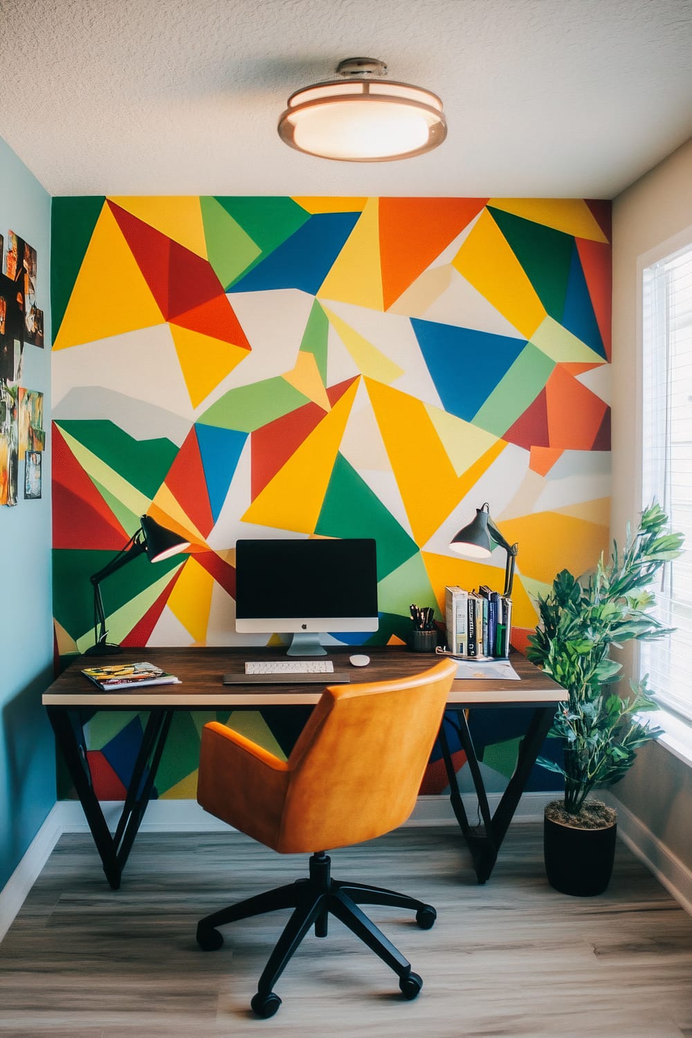 An organized home office features a vibrant, geometric accent wall with a mix of bright colors including red, yellow, green, and blue. A wooden desk with black metal legs holds a desktop computer, desk lamps, books, and writing materials. An orange swivel chair is placed in front of the desk. The room is well-lit with natural light from a nearby window and a contemporary ceiling light fixture. A potted plant is situated on the floor next to the desk, adding a touch of greenery.