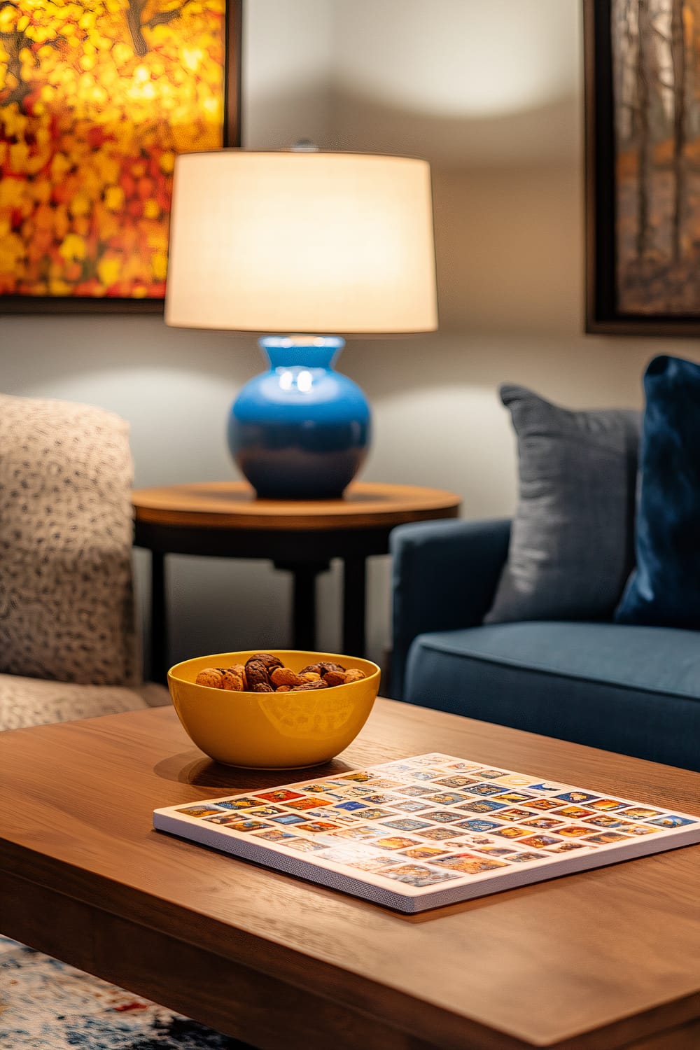 A cozy living room setting with a wooden coffee table that has a yellow bowl filled with seasonal snacks and a board game on it. Behind the table is a blue sofa with blue and gray cushions. A cobalt blue lamp with a beige shade sits on a side table next to the sofa. The background features a wall with autumn-themed artwork.