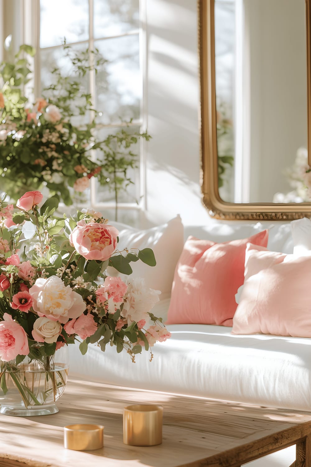 A bright and spacious living room demonstrating a Scandinavian minimalist design. The room features a plush white sofa decorated with pink and coral throw pillows, a wooden coffee table with a vase of assorted flowers and gold candles, a large gold-framed mirror, and several pastel-colored vases holding peonies, roses, and eucalyptus. Sunlight is streaming through large windows, casting warm shadows around the room and drawing attention to the botanical elements.