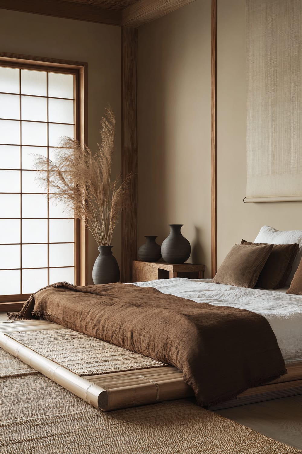 A minimalist bedroom featuring a low, bamboo frame bed with white and brown bedding. On the left side, there is a large shoji screen allowing diffused light to filter in. Beside the bed, a small wooden table holds three black ceramic vases. A tall vase with dried pampas grass complements the space. The floor is covered with natural woven mats and the wall palette is composed of warm, neutral tones.