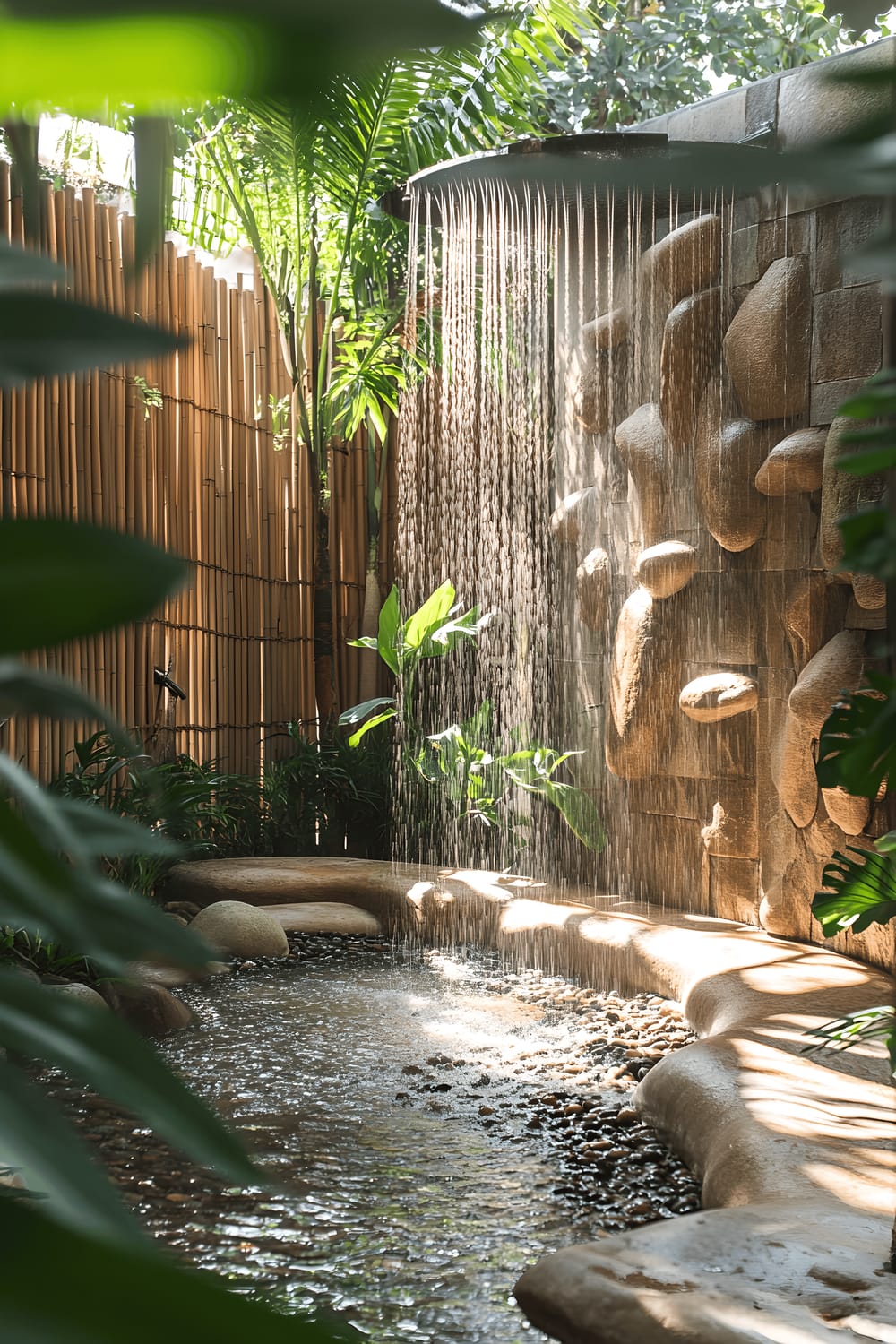 A luxurious outdoor shower area surrounded by nature. The shower features a natural stone basin made from large river rocks with water flowing down from a wall of smooth stacked rocks. The area is surrounded by lush tropical plants with bamboo privacy screens, casting lovely shadows in the bright sunny light.