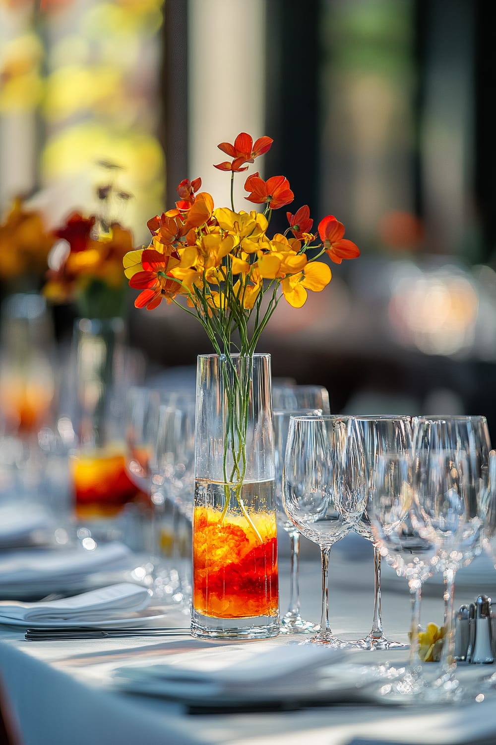 A table is elegantly set with clear glass vases containing vibrant orange and yellow flowers, alongside neatly arranged wine glasses and folded white napkins. The background features a soft-focus blend of colors, creating a warm and inviting atmosphere.