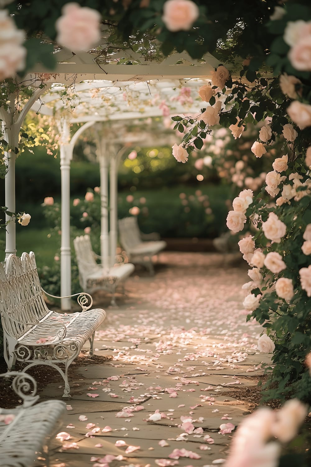 A lush rose garden flourishes beneath the soft golden light that filters through the leaves of roses climbing an aged white pergola. Pale pink and cream roses drape over the pergola, with scattered delicate petals along a stone pathway. Detailed antique wrought iron benches with intricate scrollwork offer a resting place in this green haven.