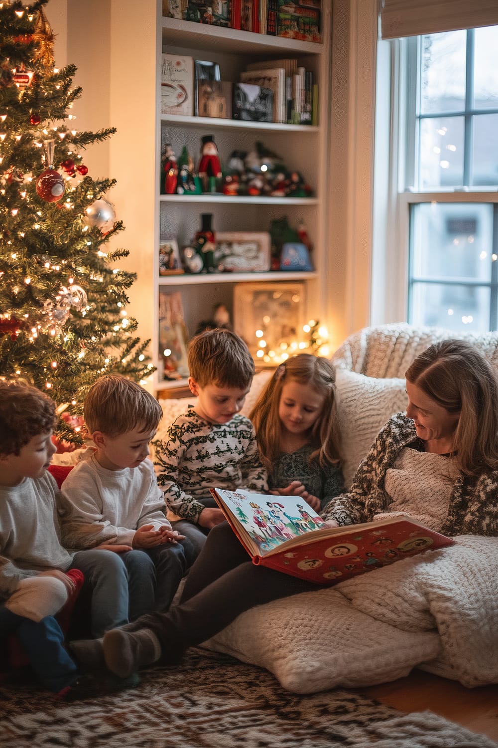 A woman is sitting on a knitted blanket, reading a colorful book to a group of four children. They are gathered next to a lit Christmas tree adorned with ornaments. Behind them, a bookshelf decorated with various Christmas-themed items and books is visible. The scene takes place beside a window with a view of the outdoors.