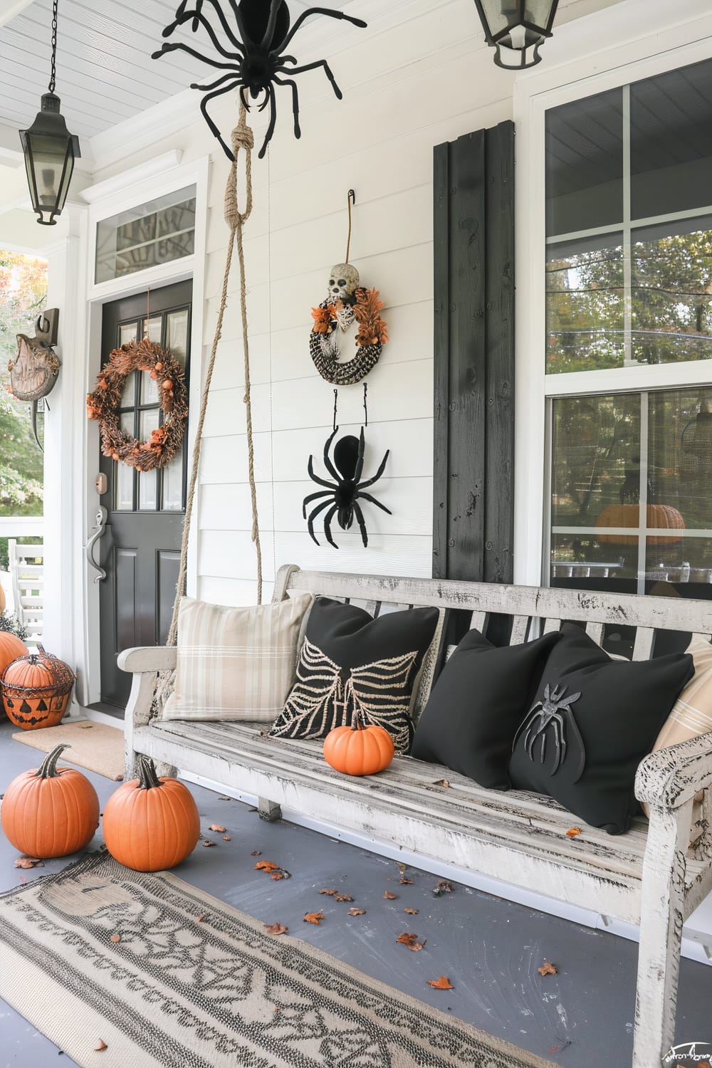 A porch decorated for Halloween with various festive elements, including a large black spider hanging from the ceiling by a rope, an orange pumpkin wreath on the black front door, and a sitting bench with black spider-themed throw pillows and pumpkins. There are also additional pumpkin decorations on the floor and a Halloween-themed patterned rug.