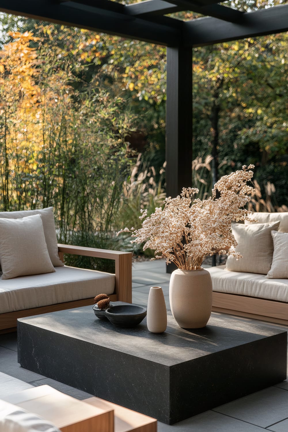 An outdoor seating area under a pergola, featuring light wood-framed sofas with white cushions and a black stone coffee table. The table is adorned with minimalist ceramic vases and bowls containing dried flowers and organic objects. The background showcases lush greenery and autumn foliage.