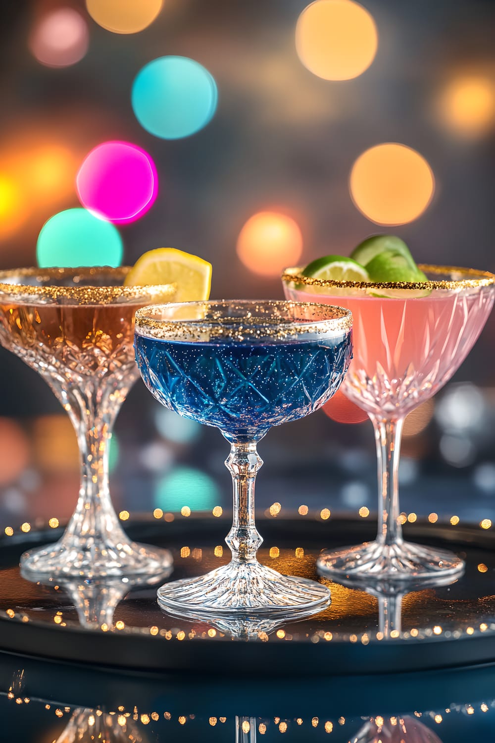 A vivacious display of three signature New Year's Eve cocktails in crystal glasses: a sparkling champagne cocktail shimmering with gold, a deep blue martini garnished with a lemon twist, and a bright pink cosmopolitan accented by a lime wedge. The setting in which these drinks are placed is a glossy black tray, under radiant and multi-colored lighting, creating a dazzling backdrop to the cocktails with hints of gleaming light.