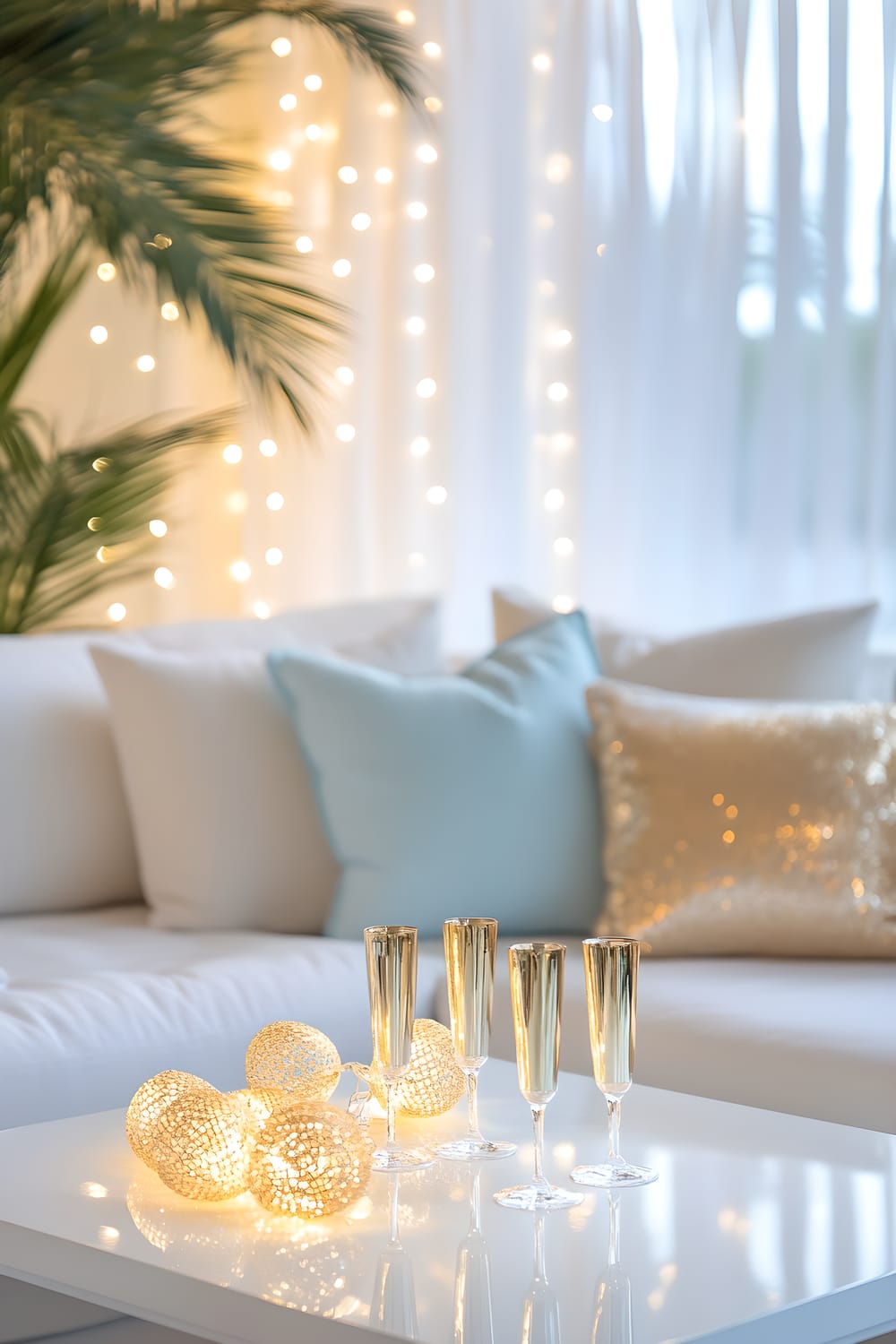 A coastal Miami beach house living room decorated for New Year's Eve. The centerpiece of the living space is a white glass coffee table adorned with five gold-rimmed champagne flutes and scattered gold confetti. A white linen sofa is decorated with light blue and gold throw pillows, giving a subtle hint of the beach. Festive palm leaf decorations with fairy lights hang from the ceiling creating a dreamy and vibrant atmosphere. The room is filled with soft, ambient lighting accentuating the festive mood.