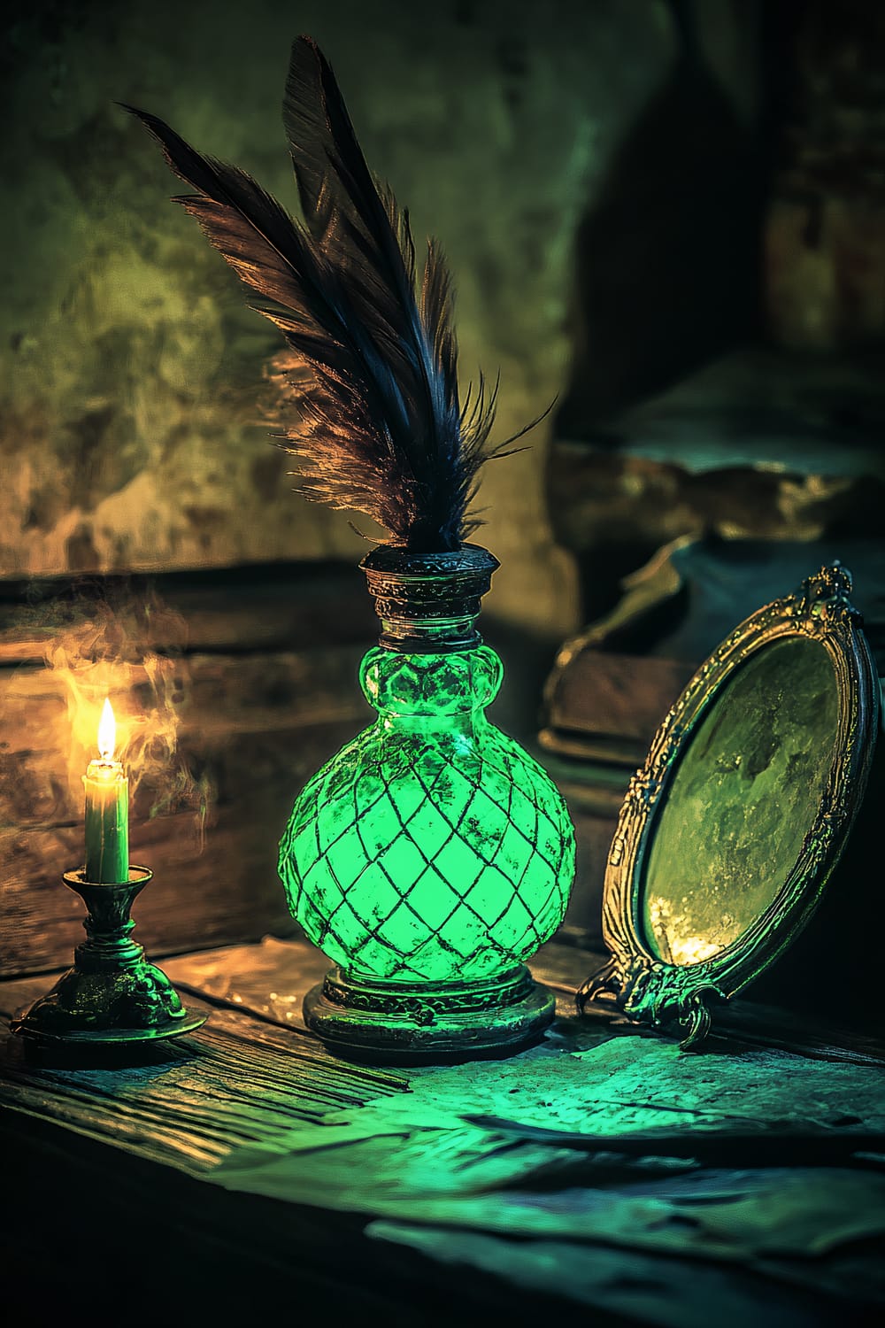 A rustic wooden table holds an enchanting centerpiece featuring a cursed artifact emitting a vibrant green LED glow. The artifact is a vintage, ornate bottle topped with dark feathers. To the left of the bottle, a single lit candle in a holder emits a soft, warm glow, while smoke curls upwards. On the right, a small vintage mirror with an intricate frame reflects the green light from the artifact. The setting is dimly lit, with shadows offering a mysterious, atmospheric vibe.