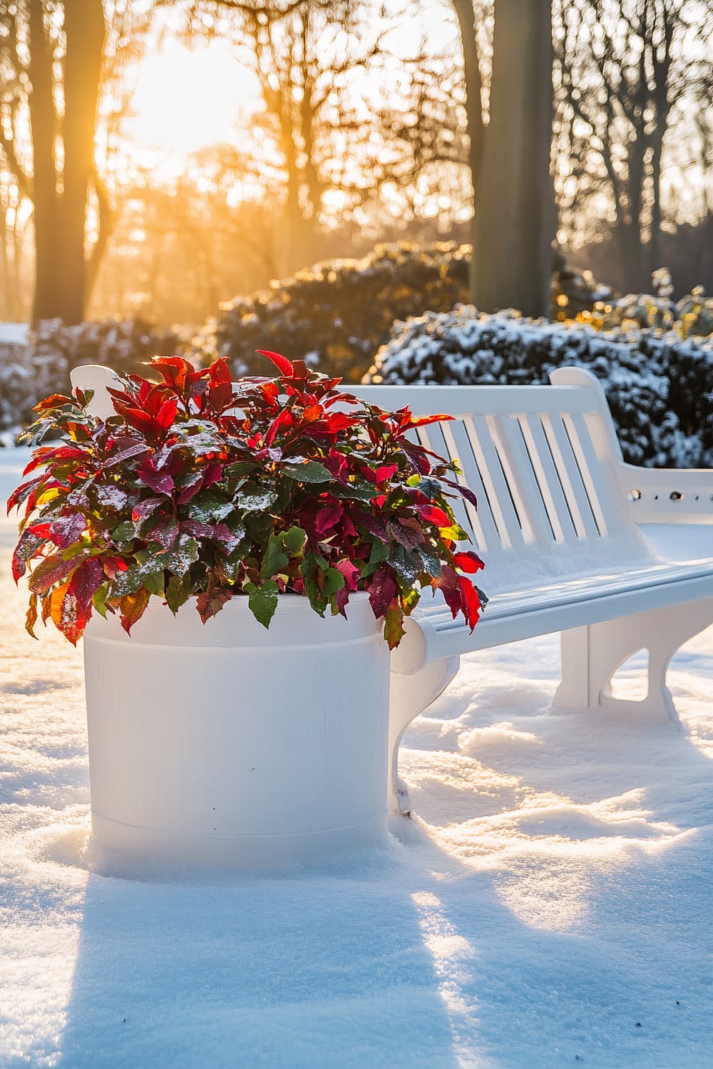 A white wooden bench sits in the snow, bathed in the golden hour sunlight. A large outdoor planter filled with red and green cold-weather plants is placed next to the bench. Long, soft shadows stretch across the snow, enhancing the vibrant foliage and calm atmosphere.