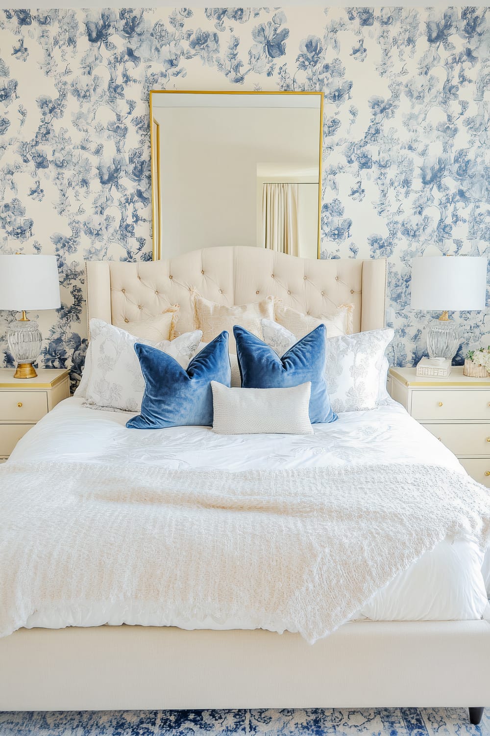 A modern bedroom with a cream tufted headboard, blue and white floral wallpaper, a large rectangular mirror in a gold frame, and a bed adorned with white linens and blue accent pillows. There are matching nightstands with brass accents, glass lamps with white shades, and a patterned blue and white rug on the floor.