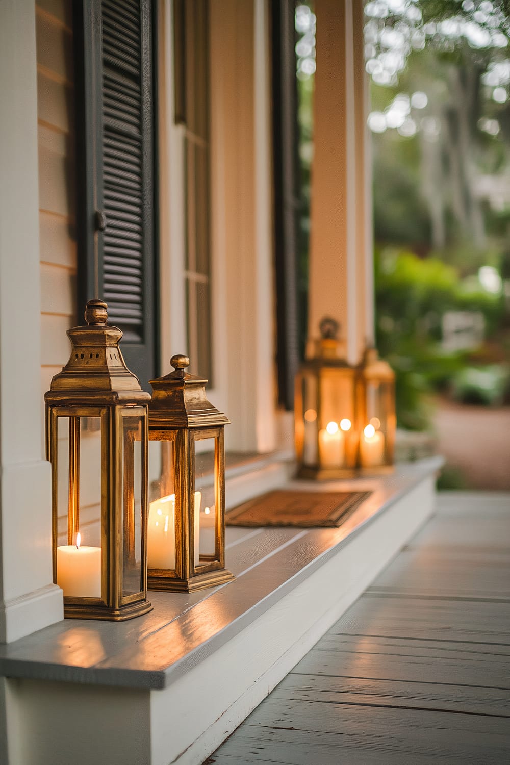 A porch with multiple brass lanterns placed on the steps, each containing a lit candle. The lanterns are arranged in a line, and the porch features white wooden panels and dark shutters. There is a natural, blurred background with hints of greenery.