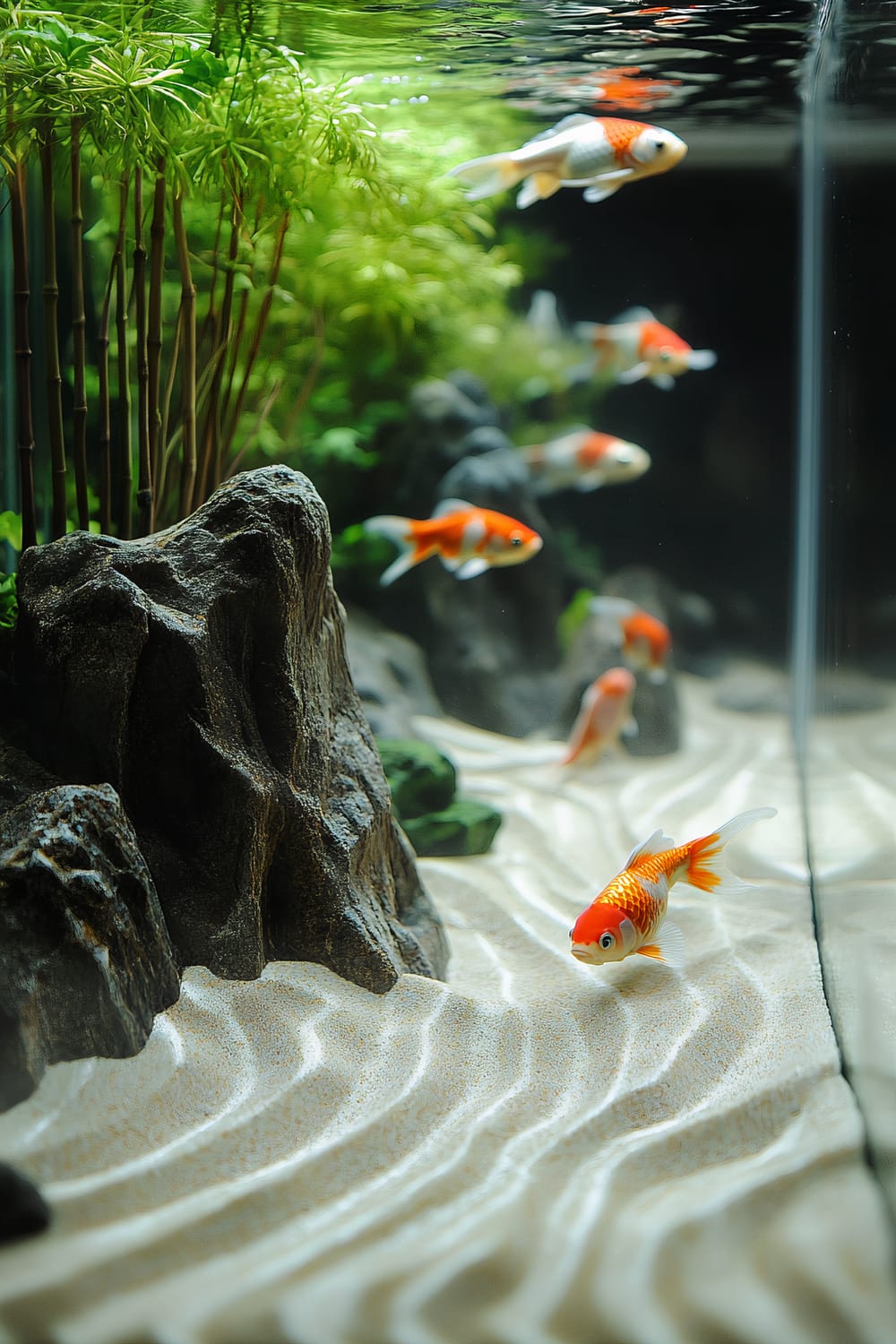 An elegant Japanese-themed fish tank featuring graceful koi fish. The tank is meticulously designed with elements of a Zen garden, including miniature rock formations, gently raked sand forming wave patterns, and dwarf bamboo plants. The water is subtly illuminated, creating calming reflections and shadows.