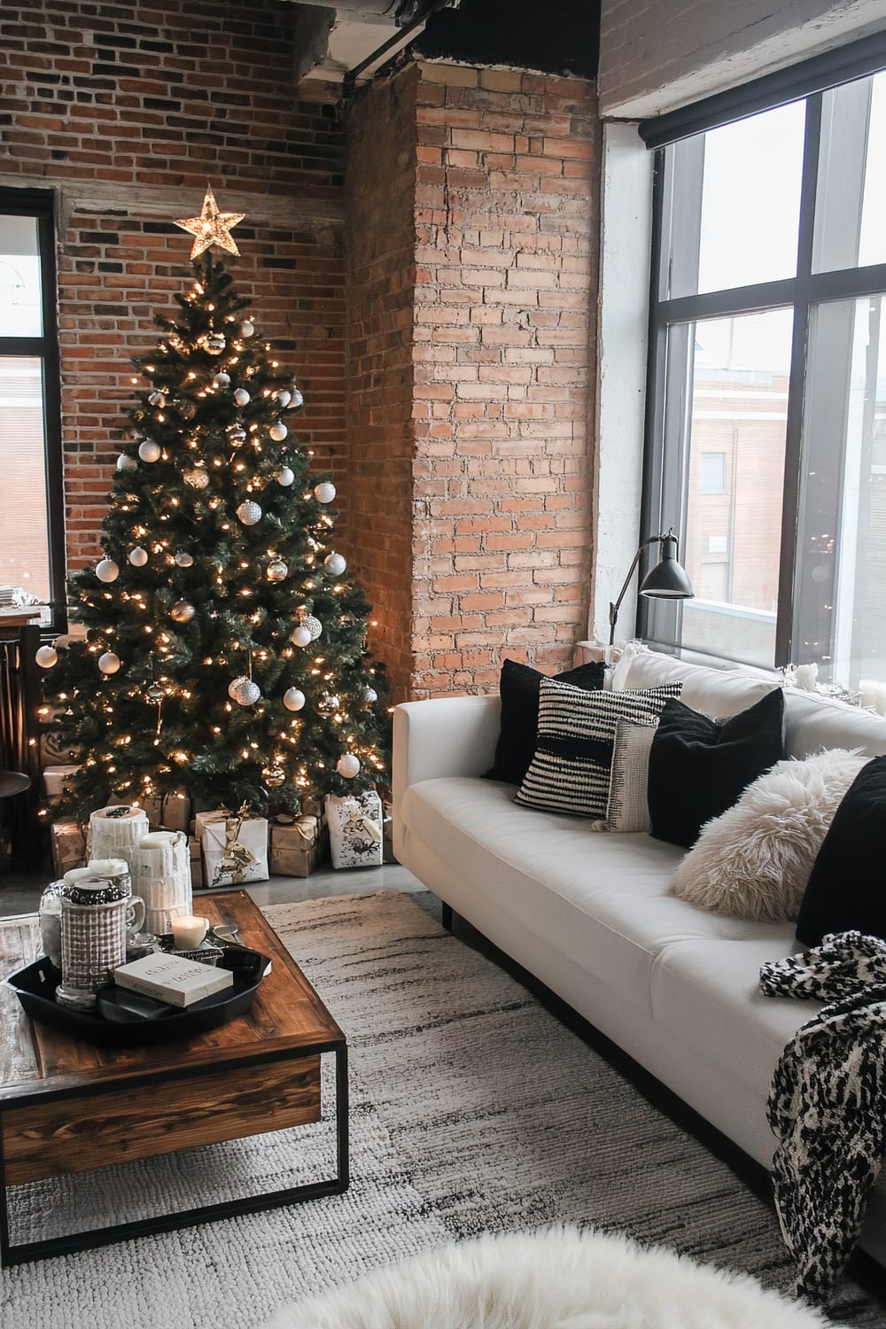 An industrial-style living room decorated for Christmas. The space features exposed brick walls and large windows. A Christmas tree adorned with white ornaments and lights stands in the corner with gifts underneath. A white sofa with black and cream throw pillows is positioned along one wall, and a rustic wooden coffee table holds books, candles, and a tray with decorative items. A textured area rug covers the floor.