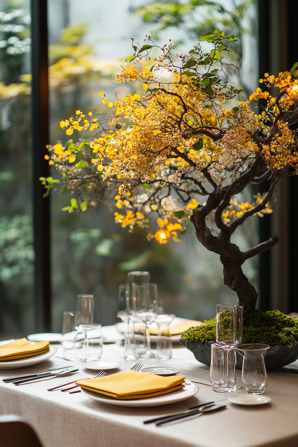 A tranquil and minimalist table setting, featuring a bonsai tree with yellow flowers as the centerpiece. The table is adorned with white plates, simple silver flatware, mustard yellow napkins, and clear glassware. The background shows a soft blur of garden greenery through large windows.