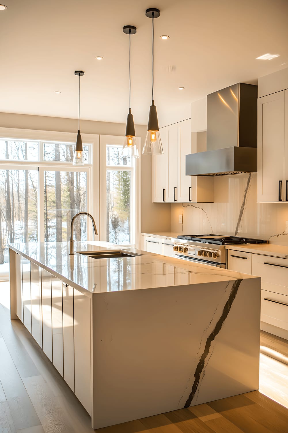 A modern minimalist kitchen seen from a low angle, filled with sleek white cabinetry and stainless steel appliances. A marble countertop island with built-in pendant lights resides at the center. Daylight streams in through two large windows, casting shadows and highlights across the scene