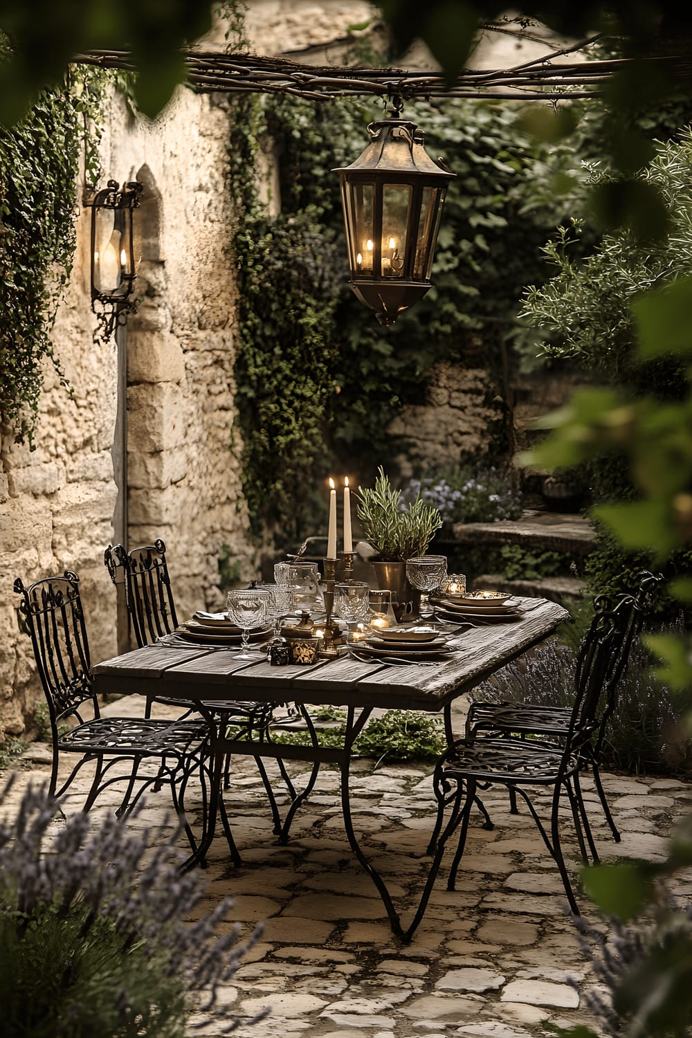 A stone courtyard displays historic charm with a weathered oak table set in the middle, complete with brass candlesticks and goblets. Wrought-iron chairs by the table invite guests, while climbing ivy is etched on stone walls surrounding the area. Fragrant lavender and rosemary bushes add a touch of nature. The scene is warmly lit by a medieval lantern overhead.