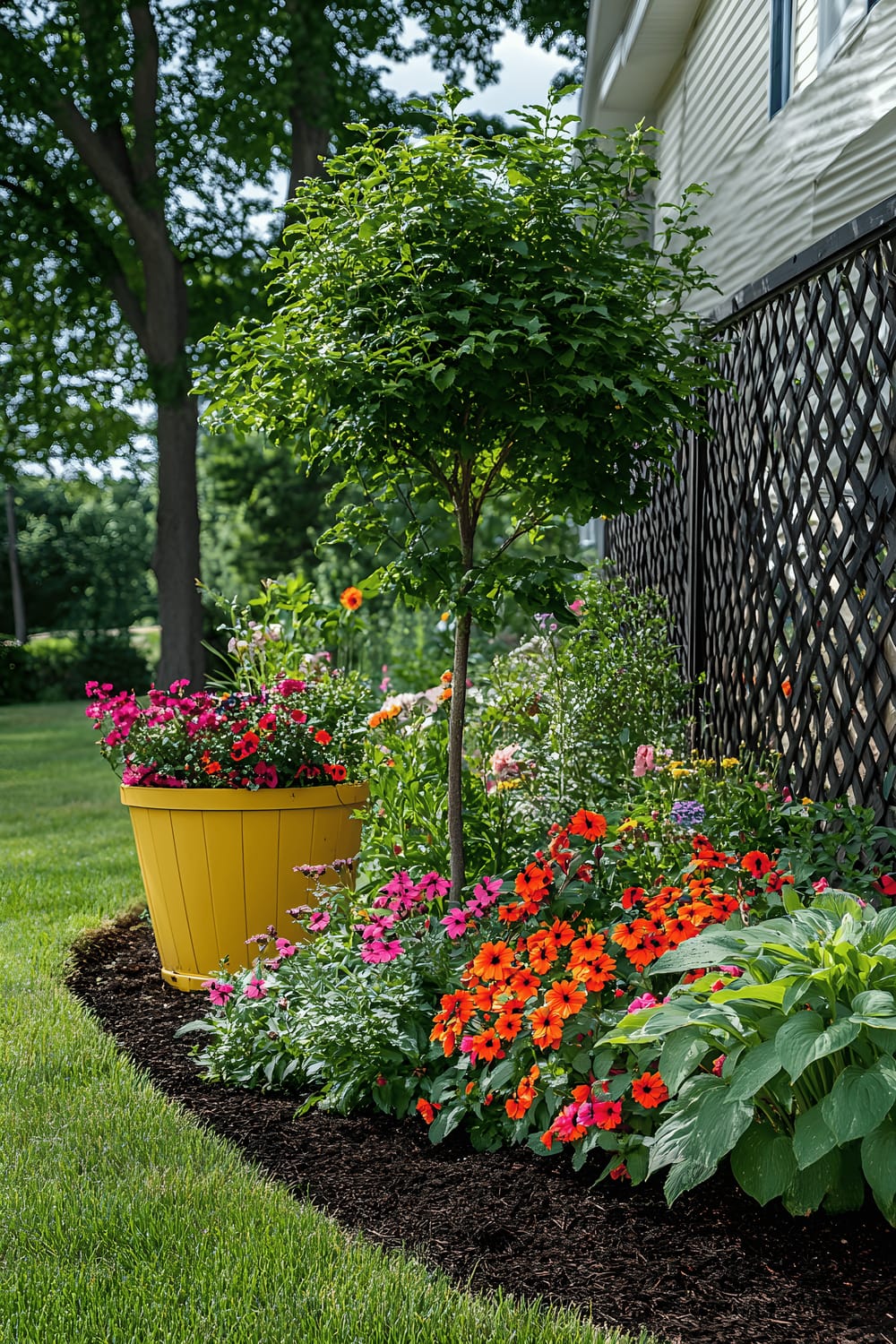 A small, meticulously designed garden by the side of a house, featuring a mix of colorful flowers, ornamental grasses, and small shrubs. A young tree in a bright yellow planter takes center stage with a decorative metal trellis offering vertical interest. Mulch defines the garden bed, perfectly bordered to separate it from a lush green lawn.