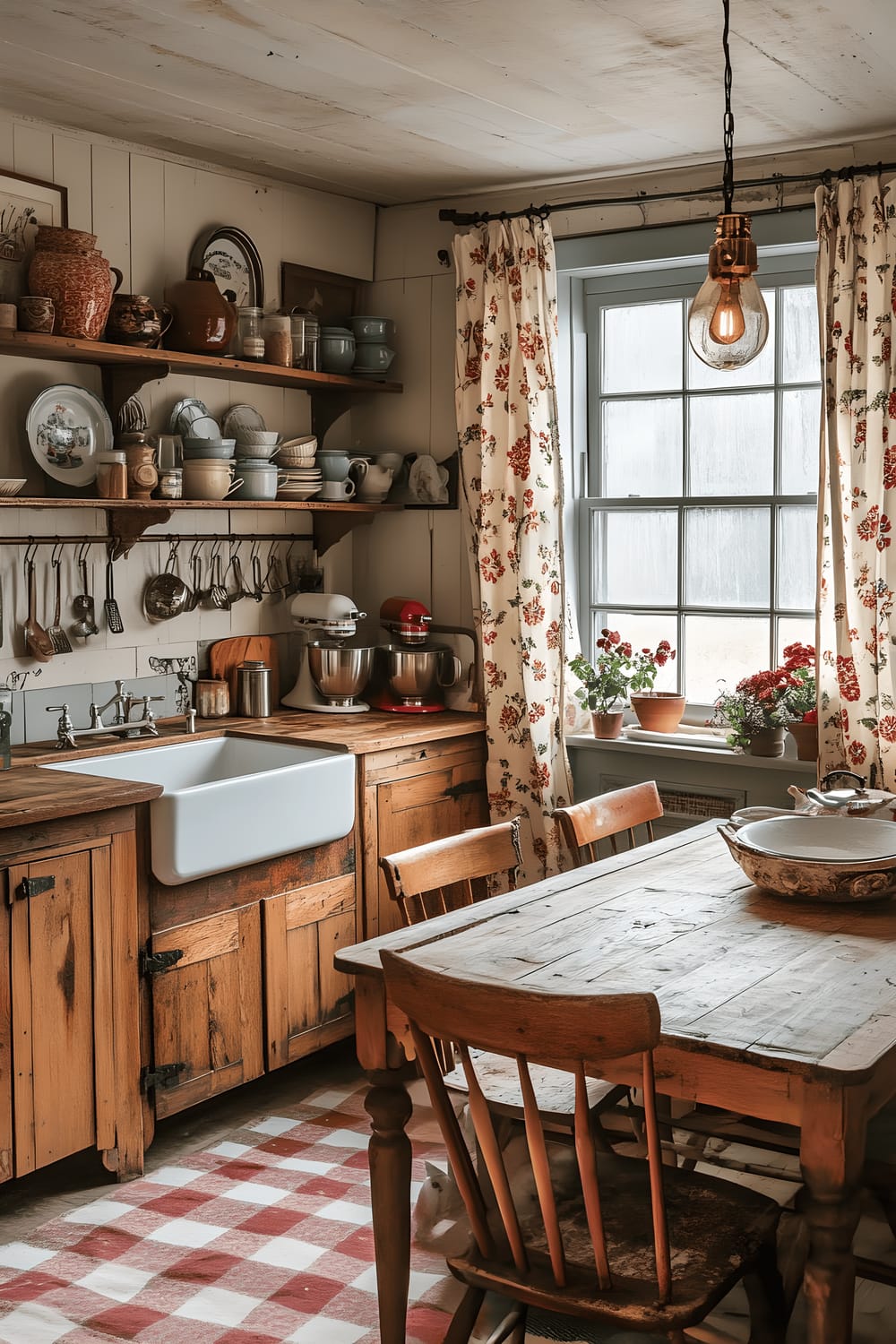 A rustic farmhouse-style kitchen featuring repurposed wooden cabinetry, a large farmhouse sink, and an old-fashioned dining table surrounded by sundry vintage chairs. A window covered with flower-patterned curtains flanks the seated area, where an open shelf displaying antiquarian ceramic jars and vintage cookware adorns the wall. The space is illuminated by a retro-style Edison bulb chandelier, while a traditional checkered rug lends a touch of charm and functionality to the setting.