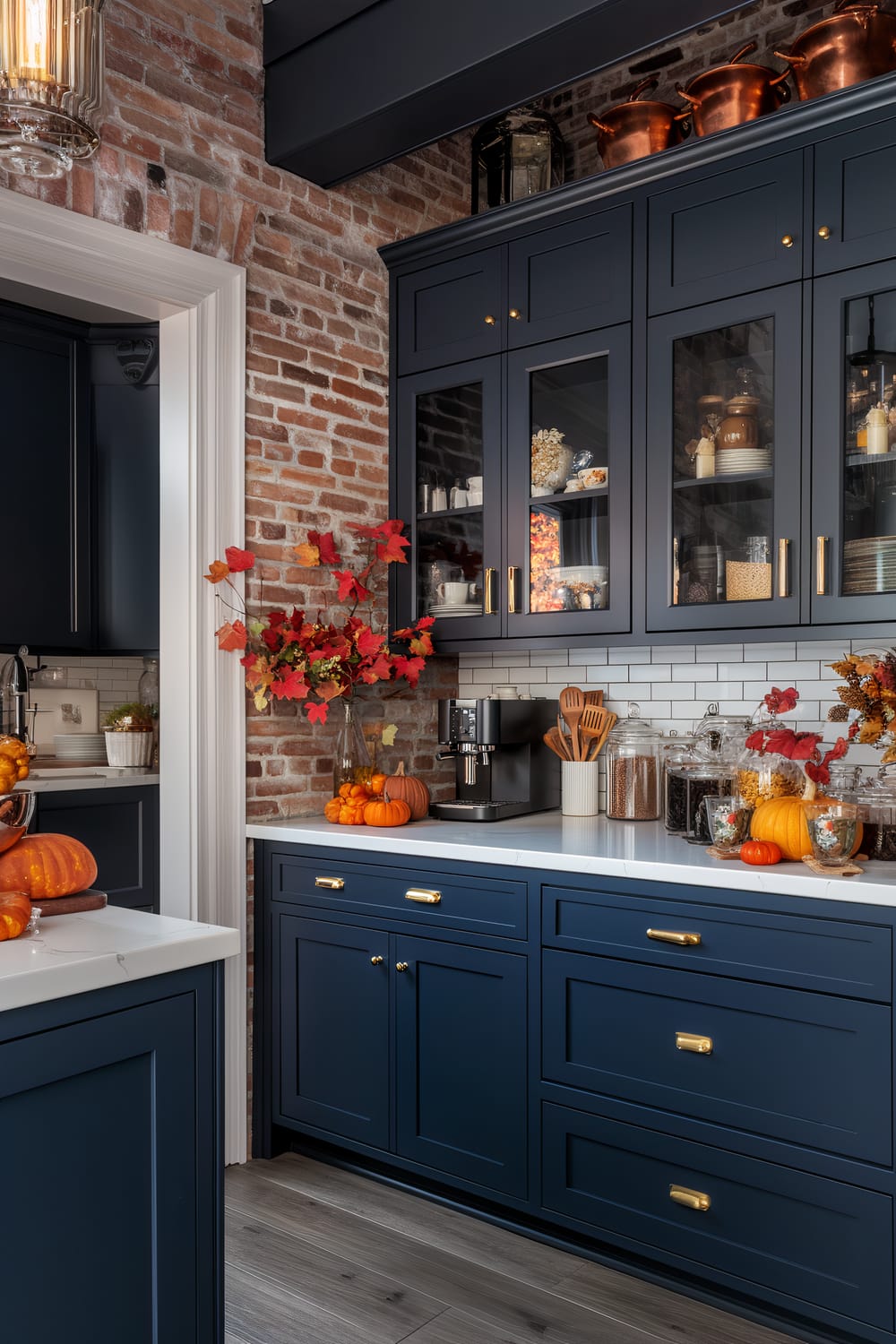 This image showcases a kitchen with a distinct autumnal theme. The room features navy blue cabinets with brass handles, brick walls, and white countertops. Decorative pumpkins, both small and large, along with fall foliage in glass jars embellish the countertops, adding a festive touch. Copper cookware is displayed atop the cabinets, adding a warm metallic contrast to the dark cabinetry. The lighting is warm, enhancing the cozy and inviting ambiance of the kitchen.