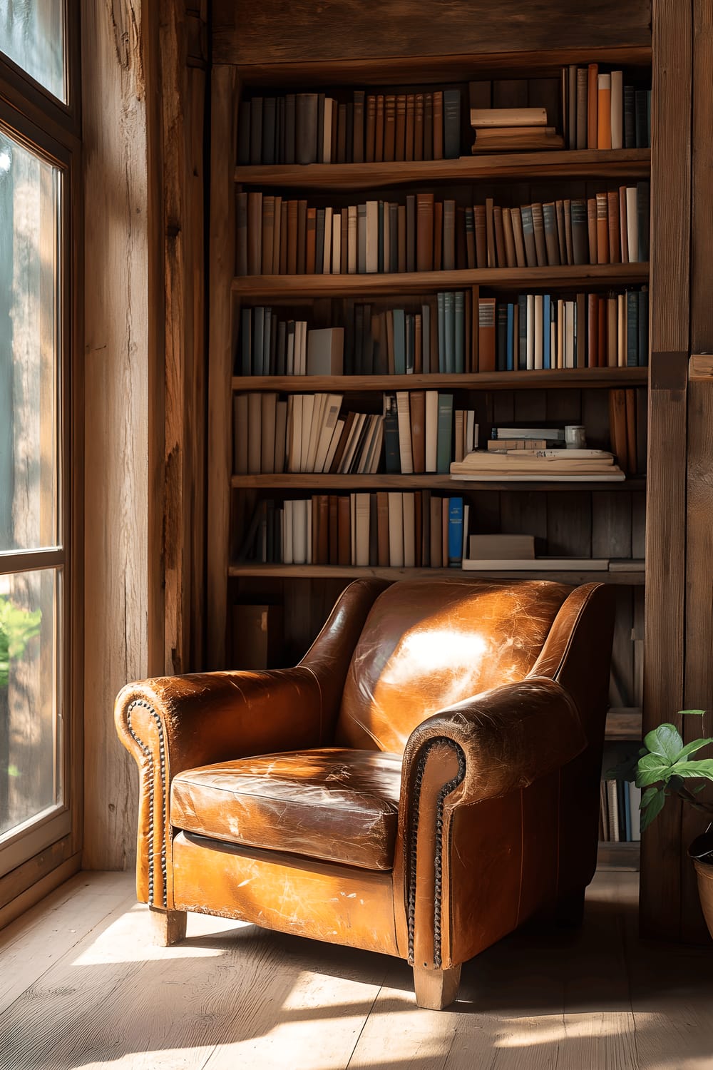 A vibrant burnt sienna leather armchair with a rich patina sits next to a rustic wooden bookshelf in a room filled with warm morning light.