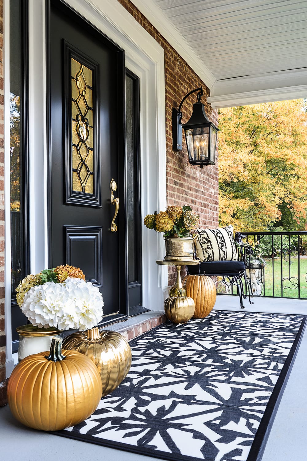 An elegant front porch displaying a sophisticated and stylish autumn decor. The porch features a black front door with a modern glass insert, flanked by white trim and set against a brick exterior. Gilded pumpkins and vibrant plants in metallic pots create a festive atmosphere. A black and white patterned rug covers the gray flooring, while a wrought iron bench with cushioned seats stands against the wall. A hanging black lantern light fixture adds a classic touch to the scene.