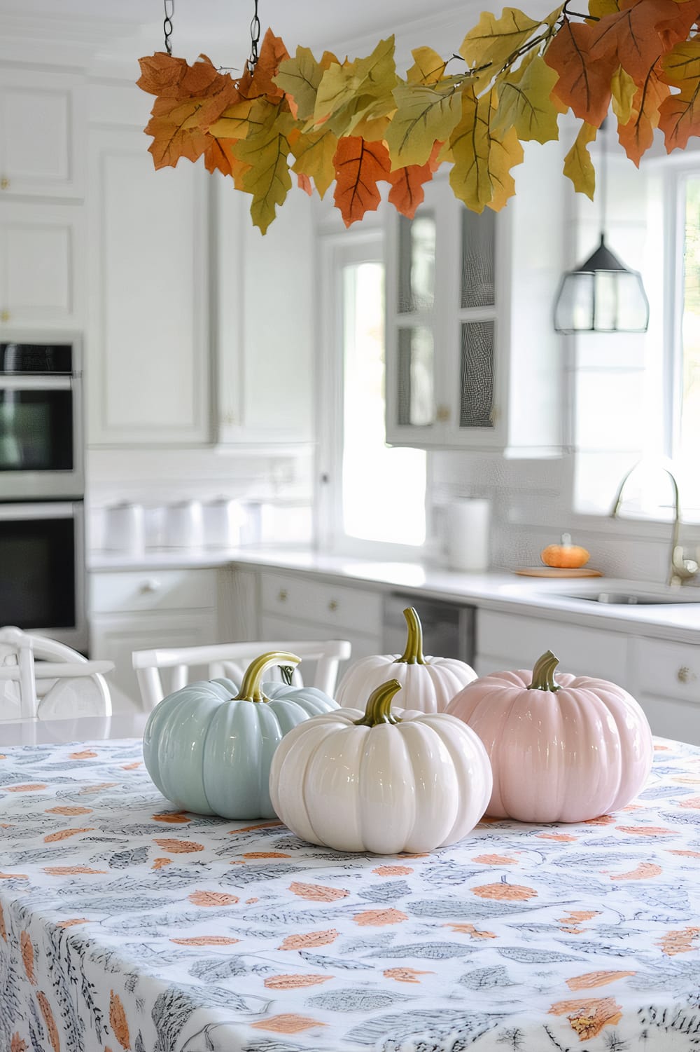 A bright and airy kitchen is decorated with autumn-themed decor. The table is covered with a floral and leaf-patterned tablecloth, on which ceramic pumpkins in pastel colors of blue, white, and pink are displayed. Above the table, a garland of faux autumn leaves in orange, yellow, and green hangs. The background shows white kitchen cabinets, a double oven, a large window, and a deep farmhouse sink, contributing to the light and clean aesthetic.