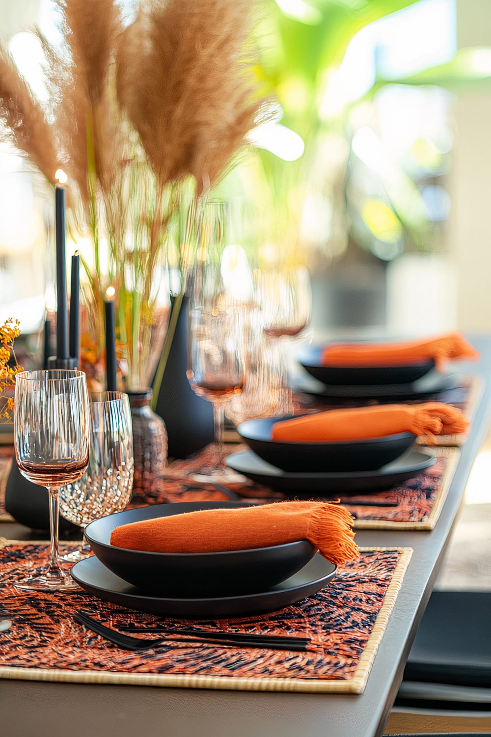 A sophisticated dining table arrangement featuring black tableware and burnt orange napkins. The table is adorned with leafy placemats that add texture and color. Crystal wine glasses and water glasses illuminate the setting, complemented by tall, sleek black candles in matte black holders. Fluffy pampas grass in rustic vases adds a natural element and height to the table setting, while the background offers hints of greenery and blurred light, creating a fresh, inviting atmosphere.