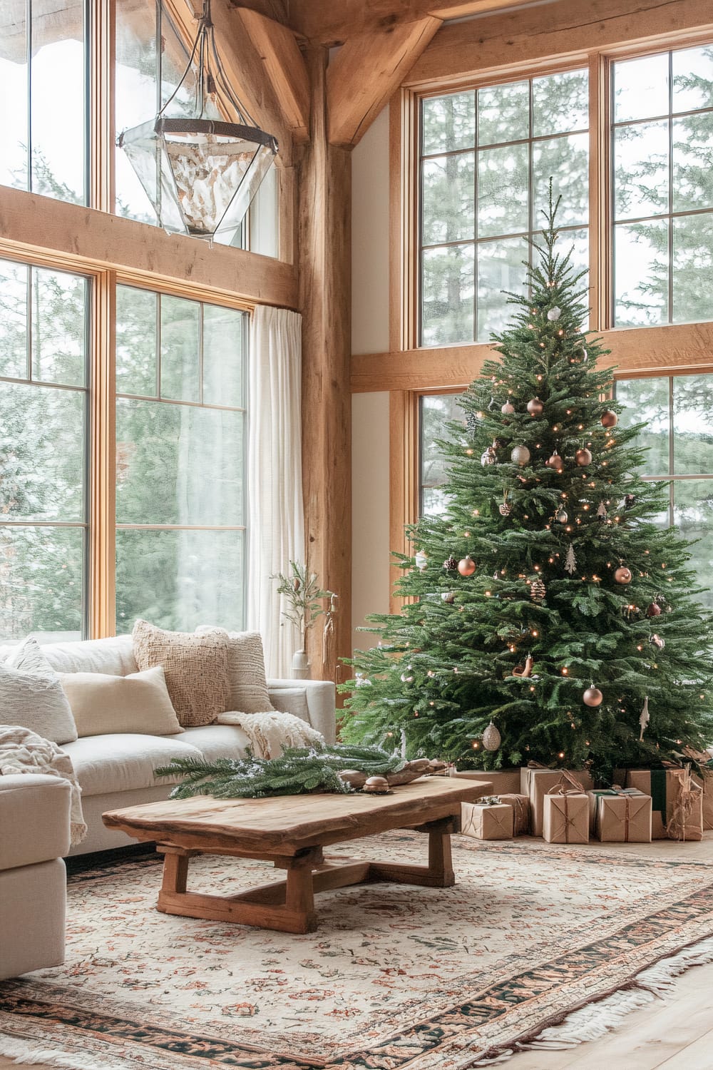 A cozy living room with large, floor-to-ceiling windows framed by wooden beams, filled with natural light. A beautifully decorated Christmas tree stands beside the windows, adorned with ornaments and lights. Under the tree are neatly wrapped gifts. In front of a plush cream-colored sofa with decorative pillows is a rustic wooden coffee table atop an intricate rug.