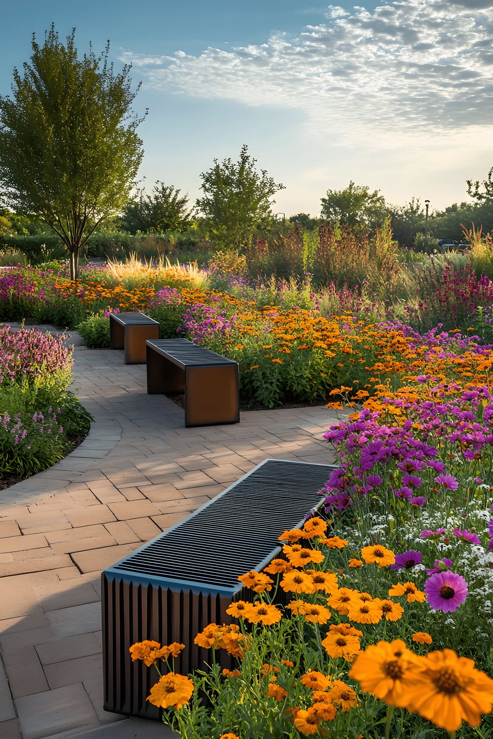 A vibrant botanical garden flourishing with brightly-hued lantana, marigold, coneflowers, and tall milkweed plants designed in a layered architecture. A variety of butterflies are attracted to the garden. Contemporary art pieces and sleek metal benches are scattered across the garden. The image is captured from a high angle during late afternoon, highlighting the vivacious diversity of plant layers and blooms.