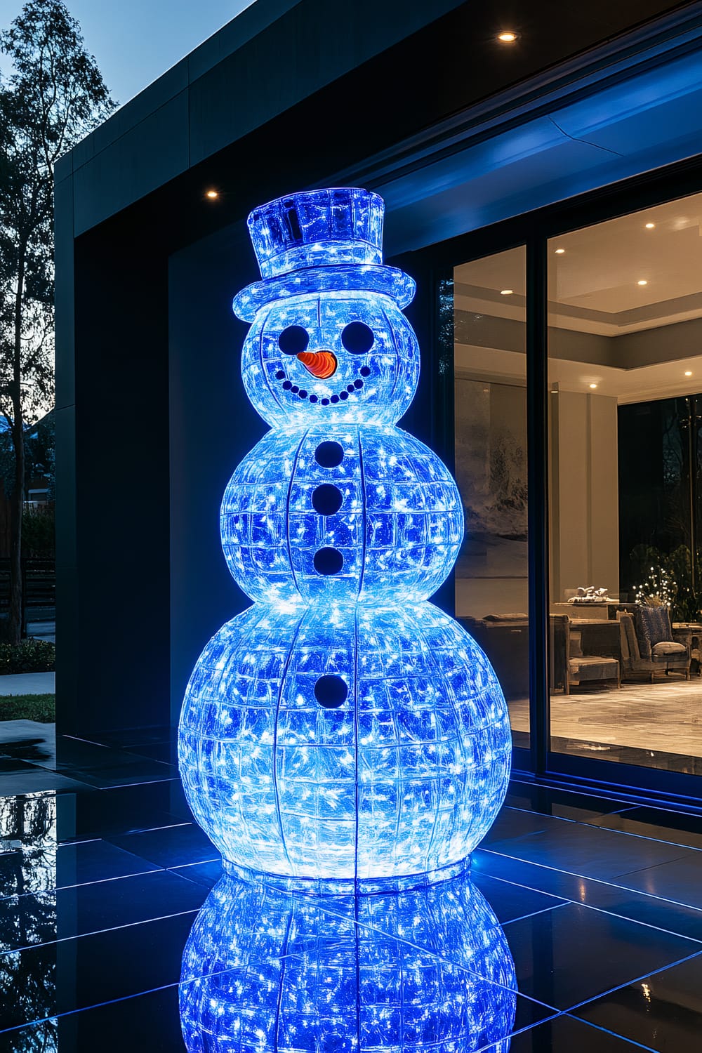 An oversized LED-lit snowman sculpture with bold blue and white colors on a sleek black porch, illuminated in vibrant lighting, creating sharp contrasts and reflections. The snowman has a traditional shape with a top hat, button eyes and mouth, and a carrot-like nose.