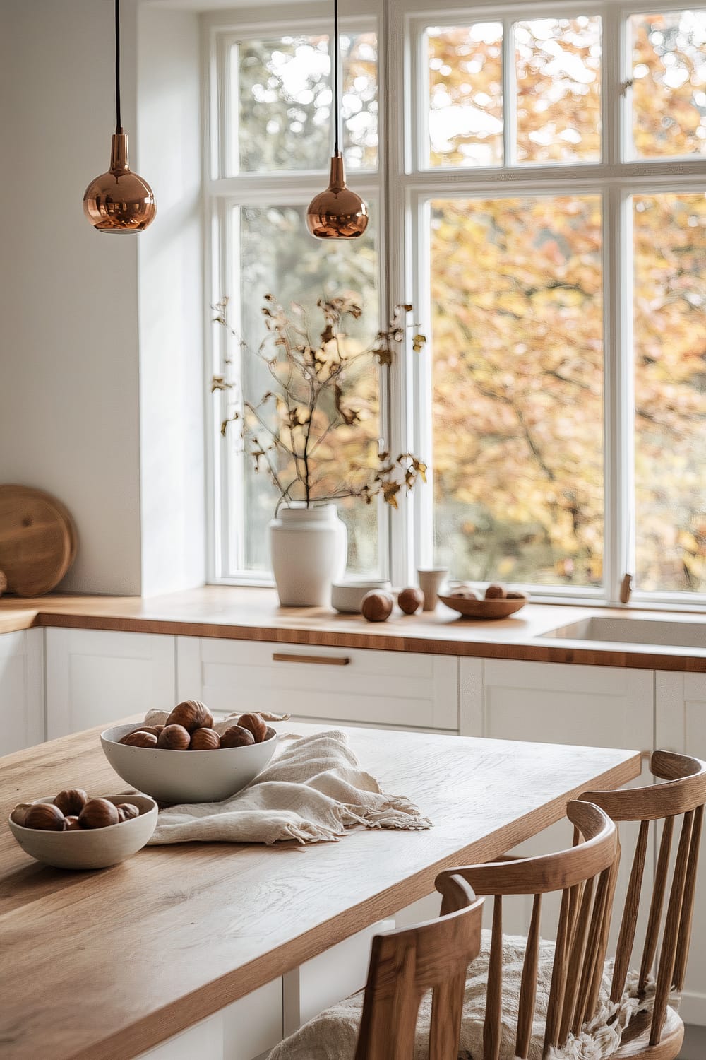 This image showcases a kitchen with a natural and minimalist aesthetic. The central focus is a wooden island with light woodgrain, matched by wooden chairs with a looped backrest. The countertop behind the island is also wooden, complemented by white cabinets. A white ceramic vase with dried branches sits on the countertop near a large window overlooking a backdrop of autumn foliage. Two metallic pendant lamps with a rose gold finish hang above the island. Bowls filled with nuts are placed on both the island and the counter, along with a linen cloth draped casually across the island's surface.