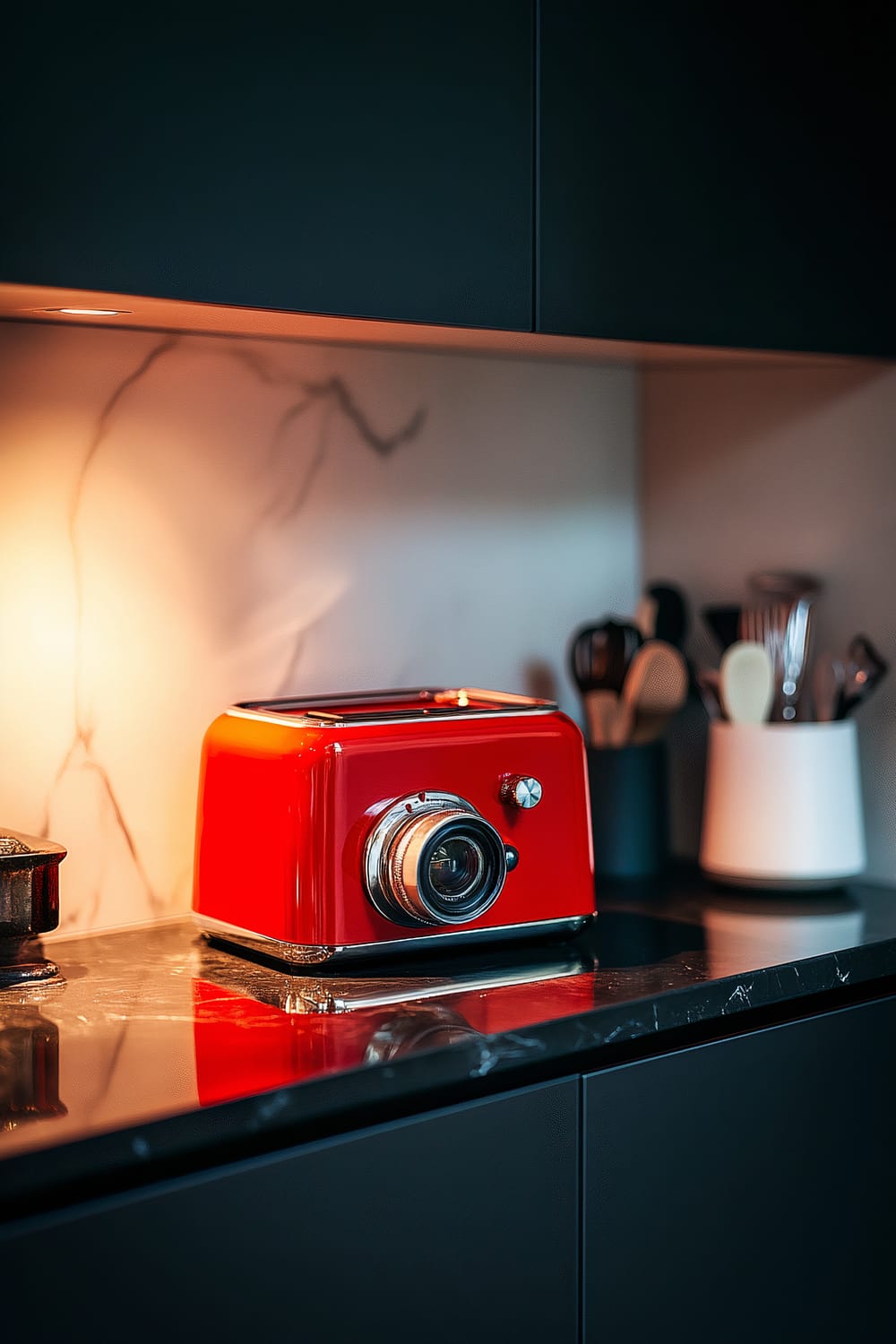 An image of a toaster shaped like a vintage camera, colored in bright red, placed on a sleek black countertop in a minimalist kitchen. The background includes subtle colors and various utensils placed in holders. The lighting draws attention to the unique form of the toaster.