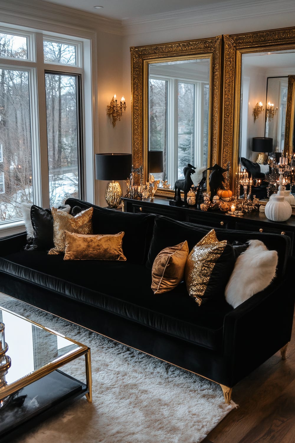 A sophisticated living room features a luxurious black velvet sofa adorned with an assortment of cushions in metallic gold, black, and white faux fur. A large, ornate gold-framed mirror hangs above a black console table that holds various decorative items, including black horse figurines, white pumpkins, and candles in gold holders. The room has large windows allowing natural light to pour in, highlighting the fine details of the interior. Two elegant wall sconces with candle-like lights enhance the opulent feel, while a plush white rug on the floor complements the rich decor.