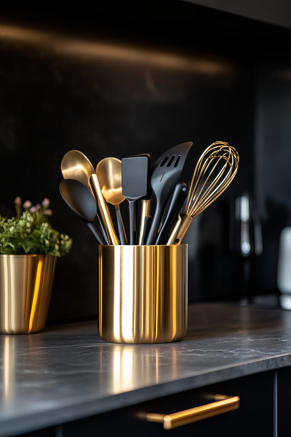 A minimalist kitchen island with a gold utensil holder filled with stainless steel kitchen tools. Deep shadows and highlights emphasize the metallic surfaces, giving a luxurious feel. A small plant in a matching gold pot is in the background.