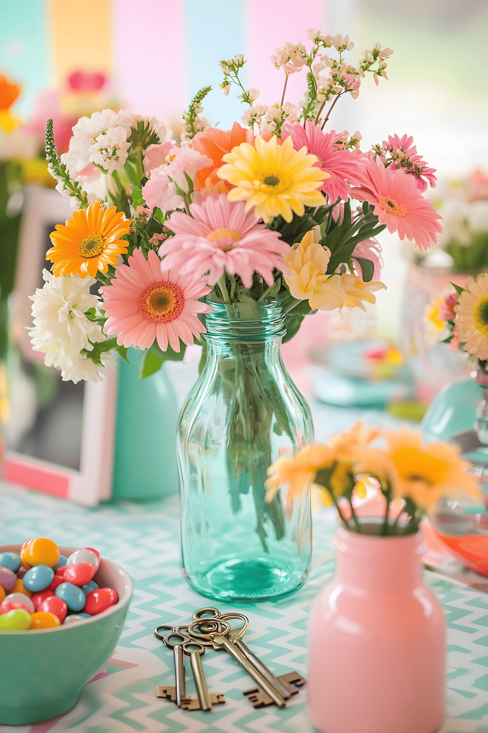 A nostalgic, retro-inspired table centerpiece featuring pastel-colored glass soda bottles filled with bright flowers, retro enamel bowls filled with colorful candy, vintage keys, small vinyl records, antique-style picture frames, arranged on a chevron-patterned tablecloth under warm lighting.