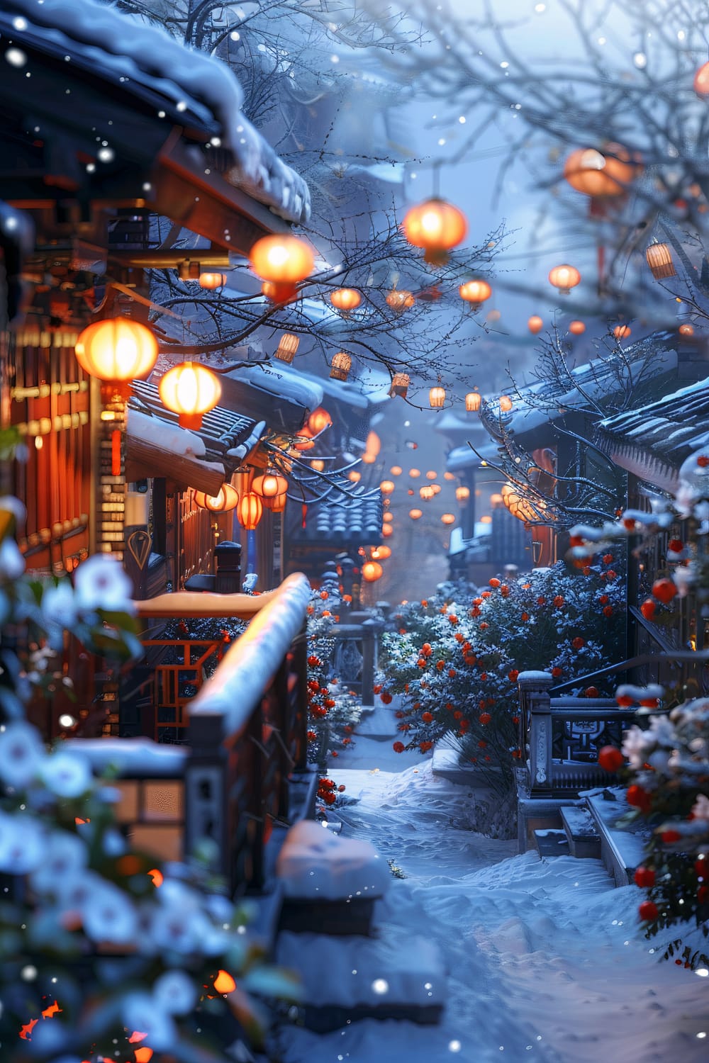 An enchanting snowy alleyway adorned with traditional Chinese lanterns glowing warmly amidst the blue twilight. Snow-covered rooftops and foliage laden with red camellias create a magical atmosphere, enhancing the serene beauty of the scene.