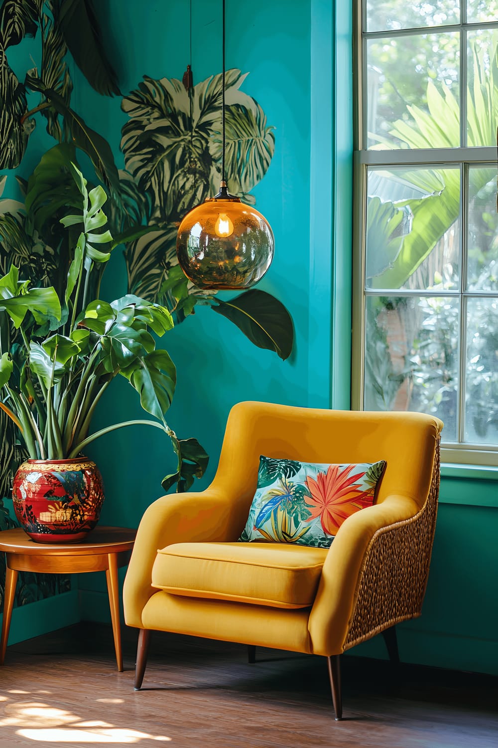 A vibrant living room featuring a mustard yellow rattan armchair, a teak wood side table with a colorful ceramic lamp, large monstera plants, a bold teal accent wall with tropical motif wallpaper, a bay window, and a vintage glass pendant light.