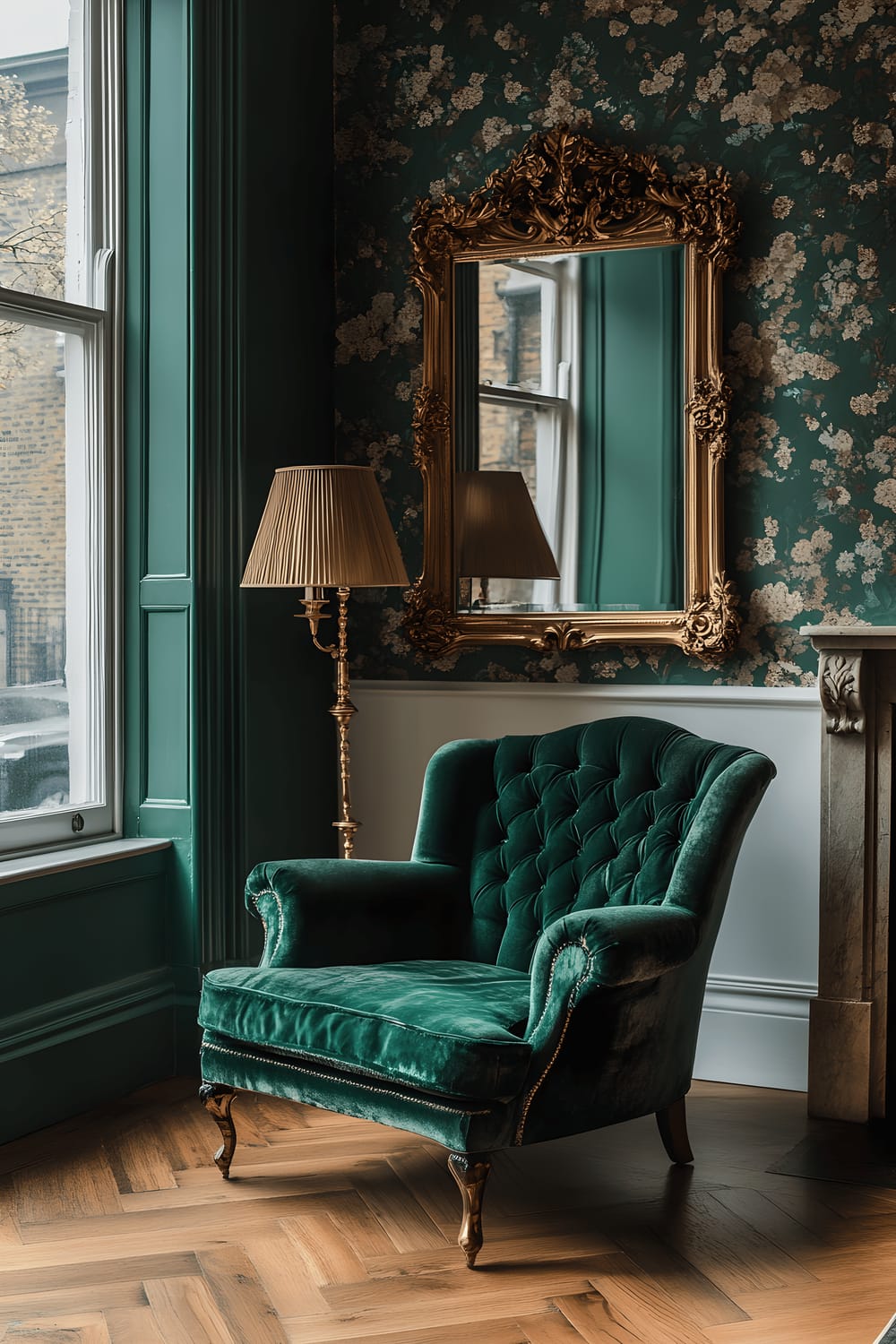 A classic Kensington flat living room featuring a vintage Victorian armchair in emerald green, positioned next to a large sash window. A gold ornate mirror hangs on the wall with floral wallpaper behind. The floor has a traditional parquet pattern, an antique brass lamp sits by the chair and soft natural light fills the room.