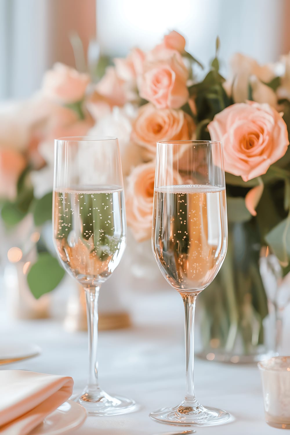 A beautifully set dining table covered with a crisp white tablecloth and adorned with vibrant pink and gold floral runner. The table is set with elegant white ceramic plates, gold cutlery, and softly tinted glassware. Fresh roses and lilies housed in gold vases form the centerpiece, each setting accented by intricate napkin rings.