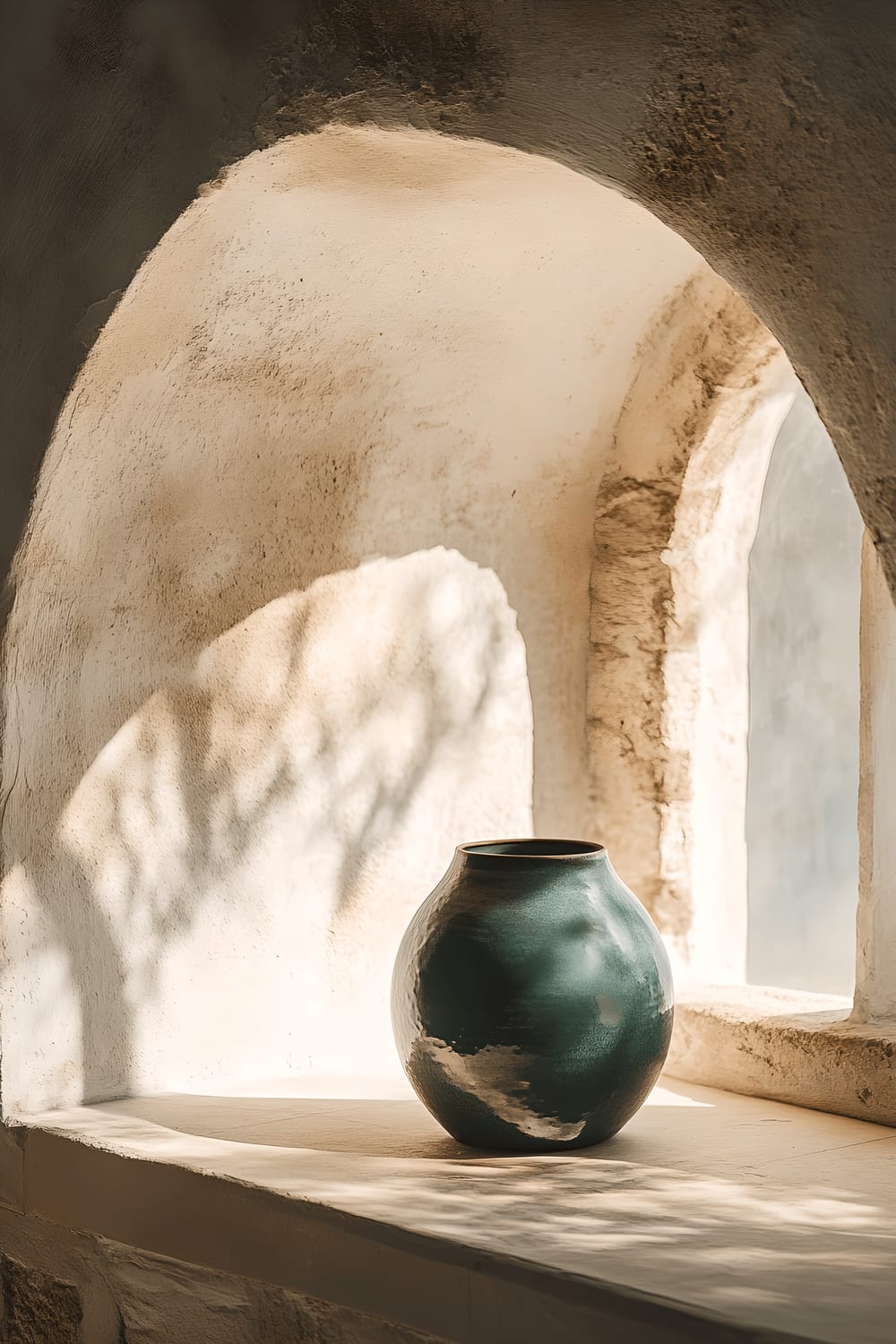 A handmade deep teal ceramic vase with a matte finish, set on a natural stone countertop, under the soft morning light streaming through an arched window.