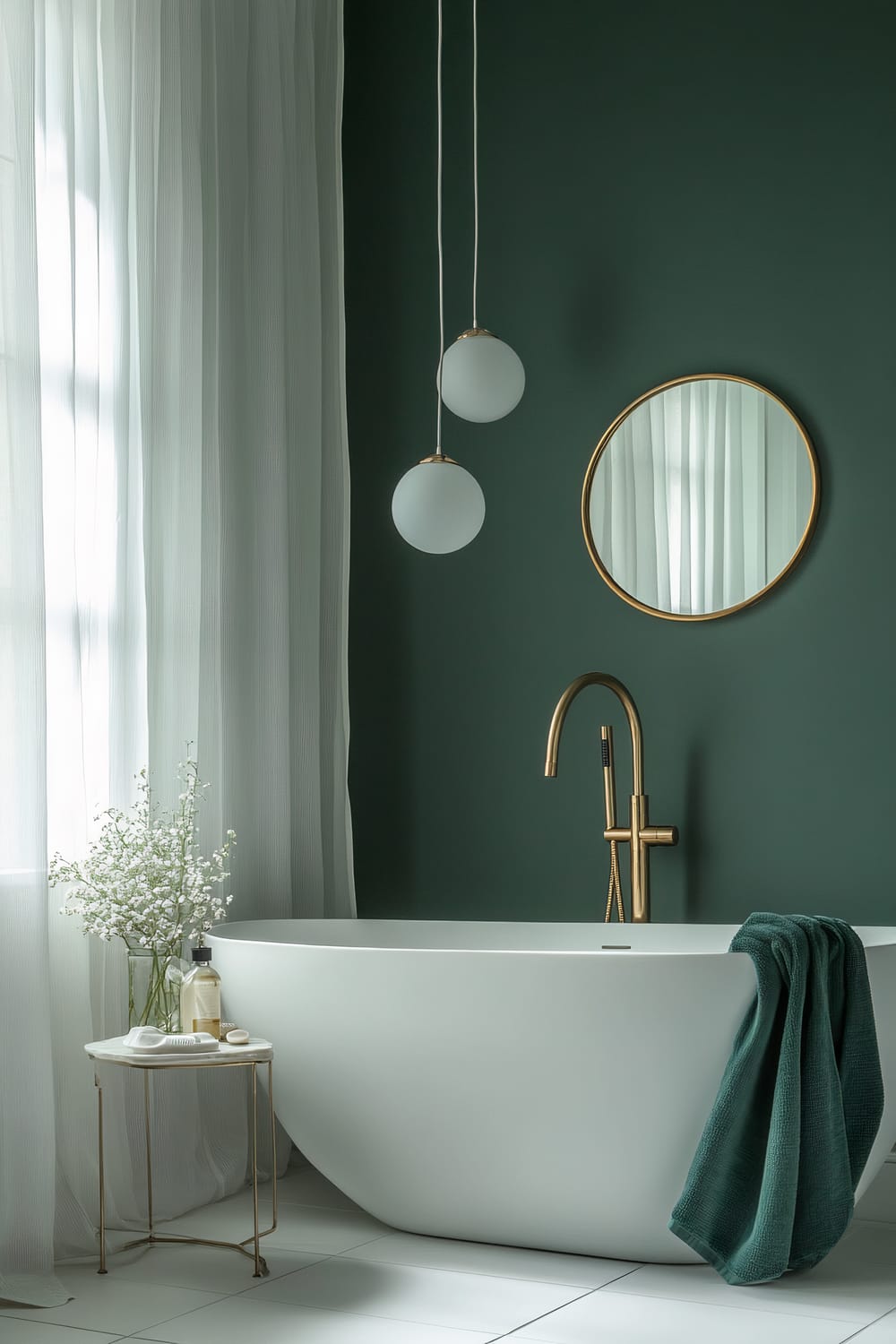 A modern bathroom featuring a deep green wall, a freestanding white bathtub, and a gold faucet. A circular mirror with a gold frame hangs above the bathtub. Two pendant lights with white globes and gold accents hang from the ceiling. A small table with a marble top holds toiletries and a bottle of soap. A green towel drapes over the edge of the tub, and a vase with white flowers sits on the table. White curtains let in natural light, creating a serene atmosphere.