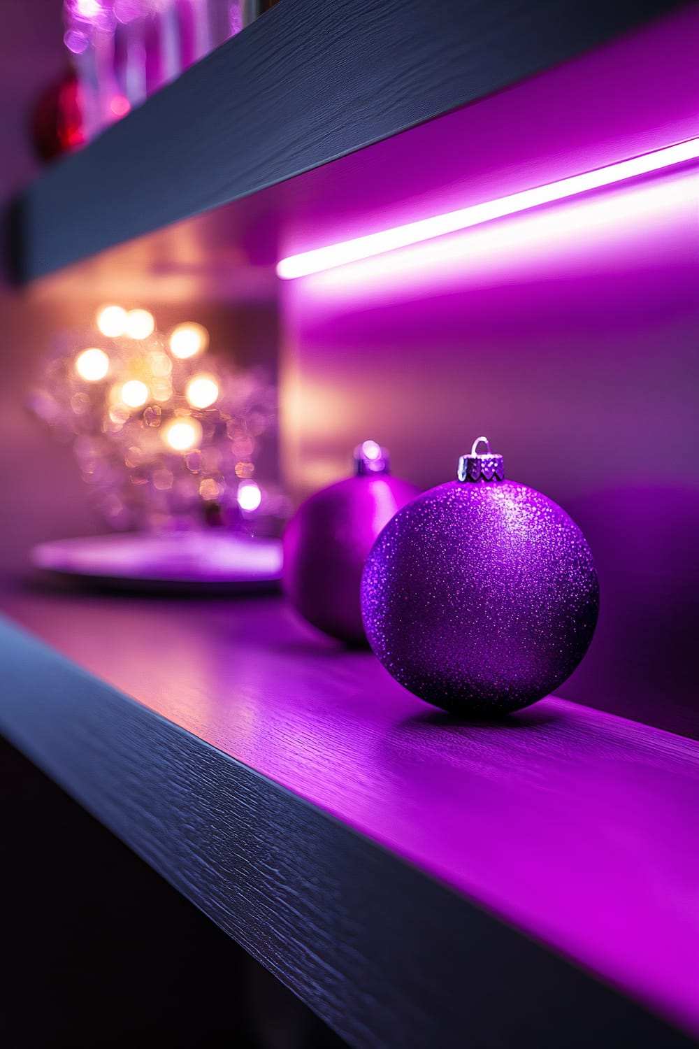 Close-up view of a modern kitchen shelf illuminated by electric purple LED lights, featuring minimalist Christmas ornaments. Two purple glittery ornaments are in focus on the wooden shelf. In the background, blurred lights and decorations add depth to the composition against a dark backdrop.