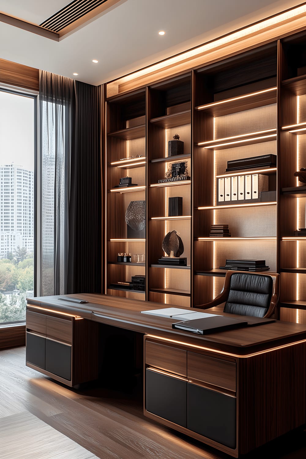 A luxurious home office located in Itaewon with an elegant wooden desk and matching shelving units, high-end ergonomic chair, traditional Korean hanji screens, and large windows that allow intense natural light to illuminate the room. The room is decorated in a sophisticated color palette of blacks, whites, and gold accents.