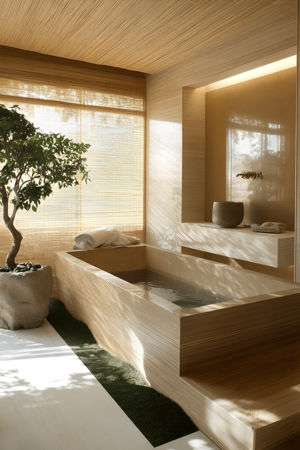 A Zen-inspired bathroom featuring light bamboo wall panels and flooring. There is a large, minimalist styled wooden bathtub and a natural stone sink complemented by a wall-mounted faucet. Soft, diffused natural light is filtering through the rice paper windows, creating a warm glow. A small bonsai tree rests on a wooden table and small stone sculptures are scattered across the room. The color scheme is a mix of calming greens and neutral tones, creating a serene and balanced environment.