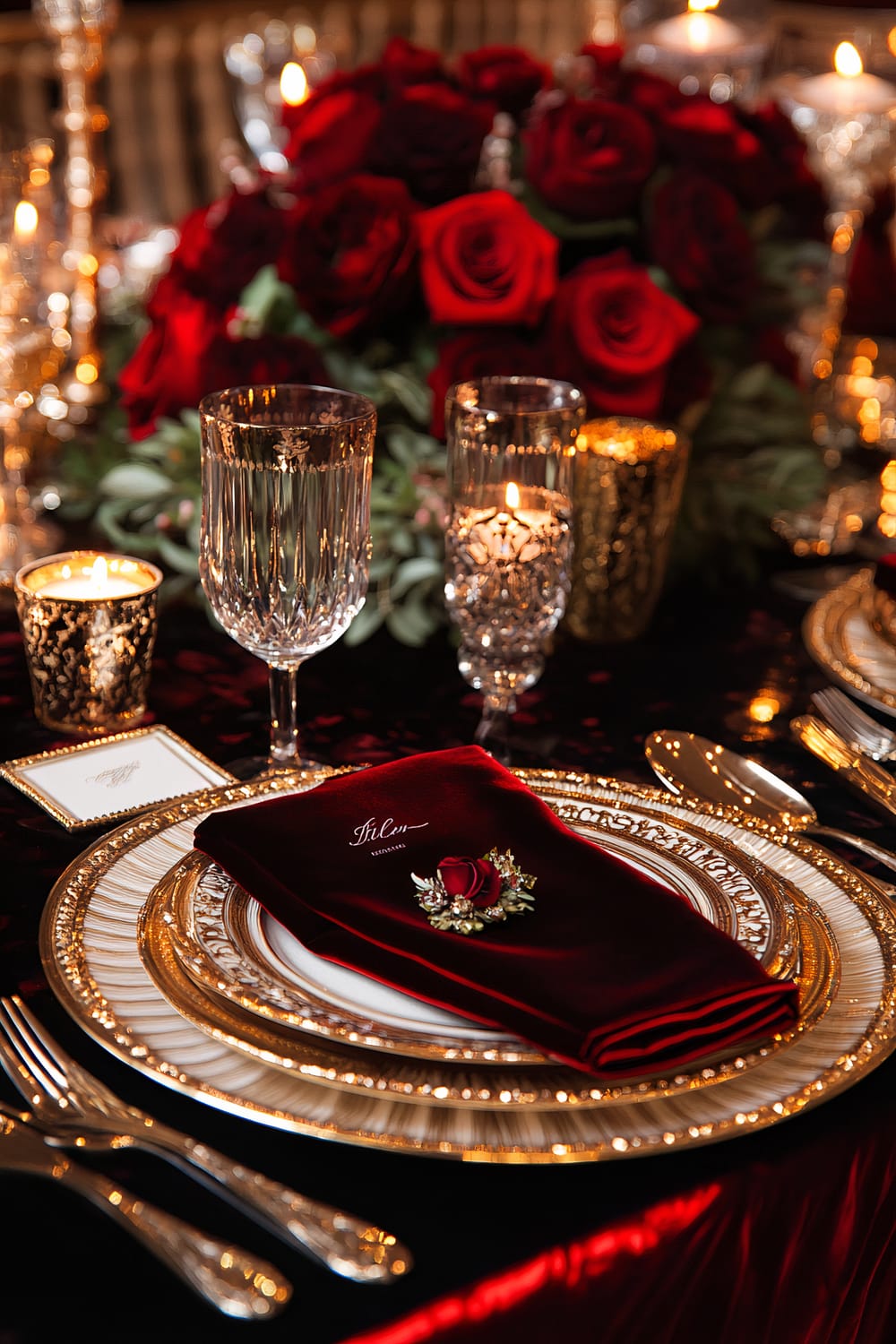 An elegantly set Thanksgiving table featuring rich burgundy and gold hues. The table includes luxurious velvet napkins, ornate candle arrangements, and fine glassware. The centerpiece is a lush bouquet of red roses, and the lighting highlights each element, creating a sophisticated and festive atmosphere.