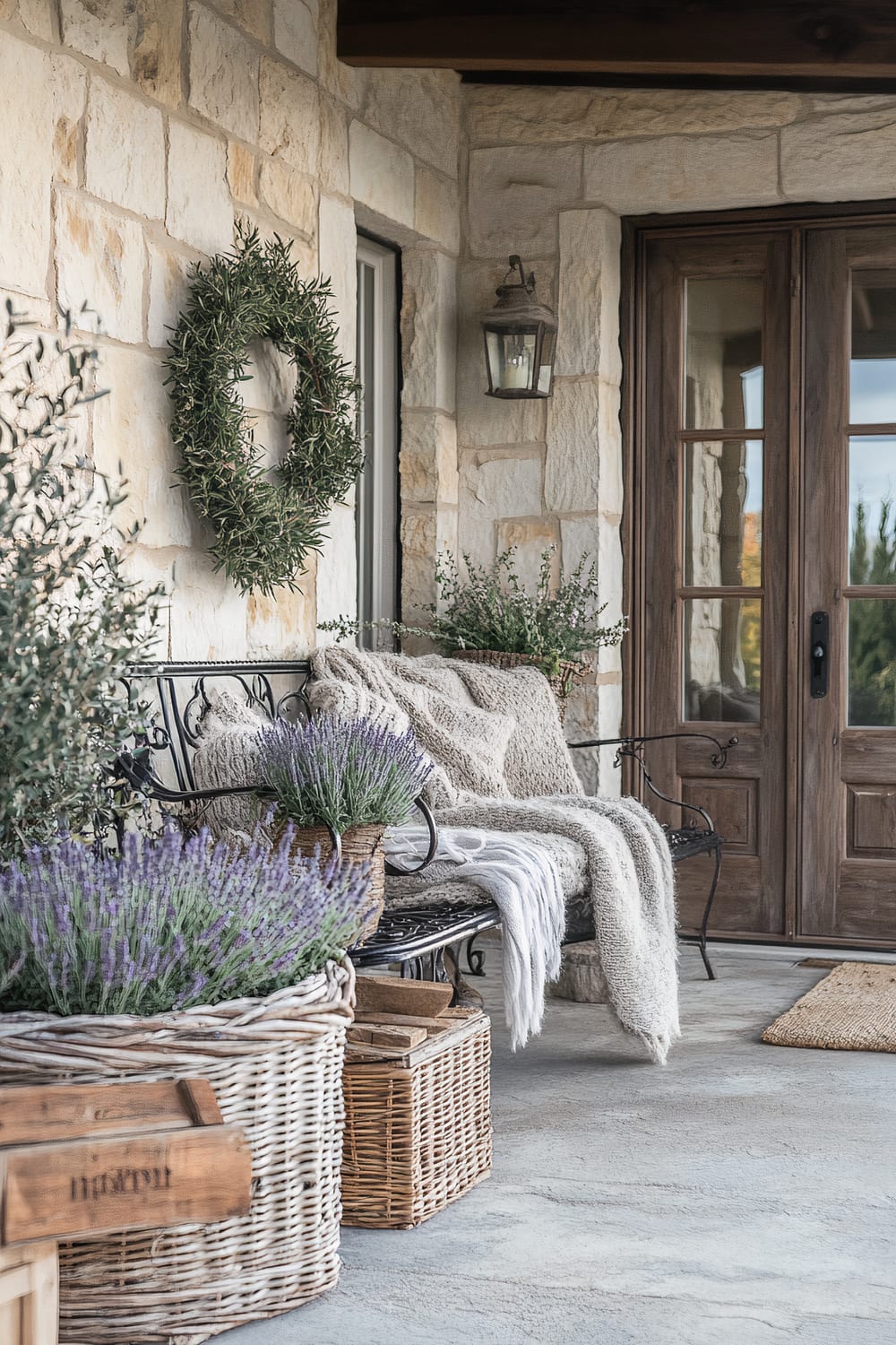 An inviting porch with a natural stone exterior. The porch features a wooden double door with glass panels and an adjacent bench adorned with cozy knitted blankets. There are green potted plants and a wreath hanging on the wall. Baskets filled with lavender and wooden crates are also seen, enhancing the rustic charm of the space.