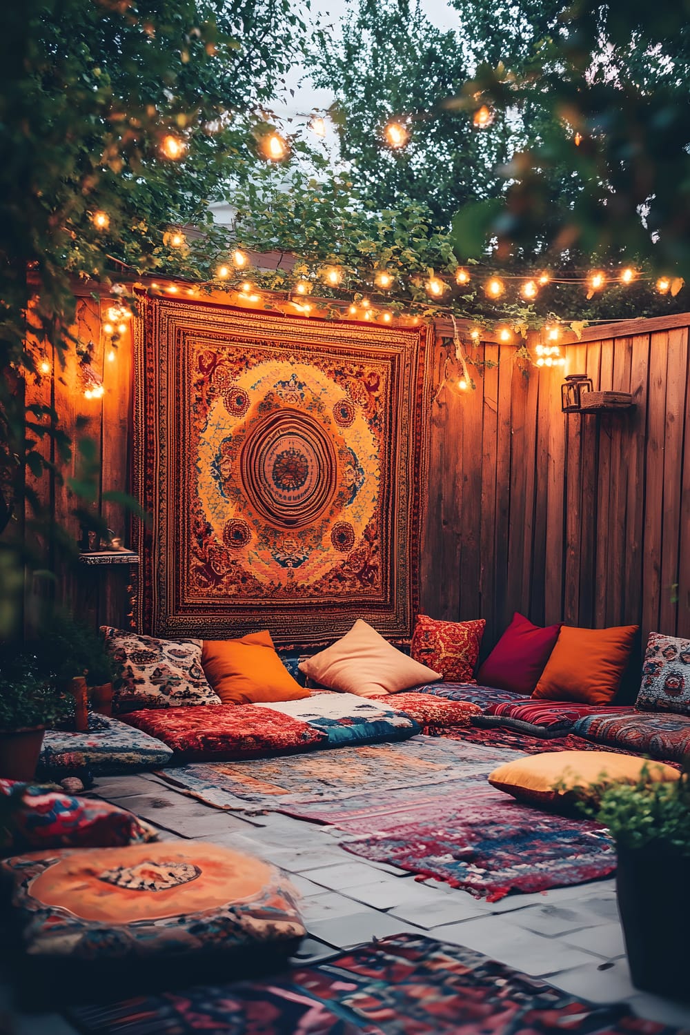 A vibrant outdoor corner setup with a large bohemian tapestry hung on a wooden frame, surrounded by a collection of bold, patterned floor cushions. The space is lit with string lights that lend a warm glow at dusk.